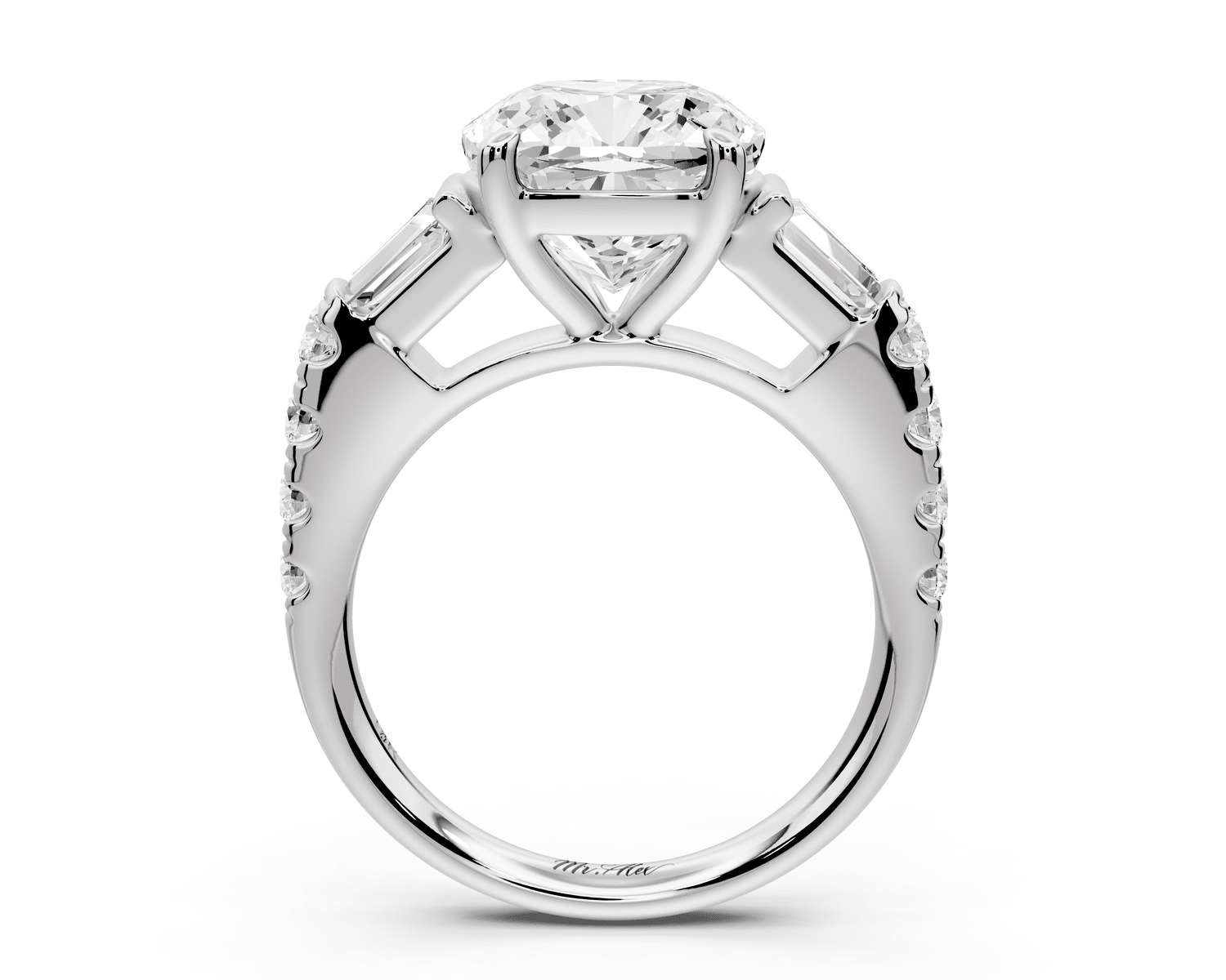 Aria - 4ct platinum cushion Diamond with tapered baguettes and round accent stones engagement ring - Mr. Alex Jewelry
