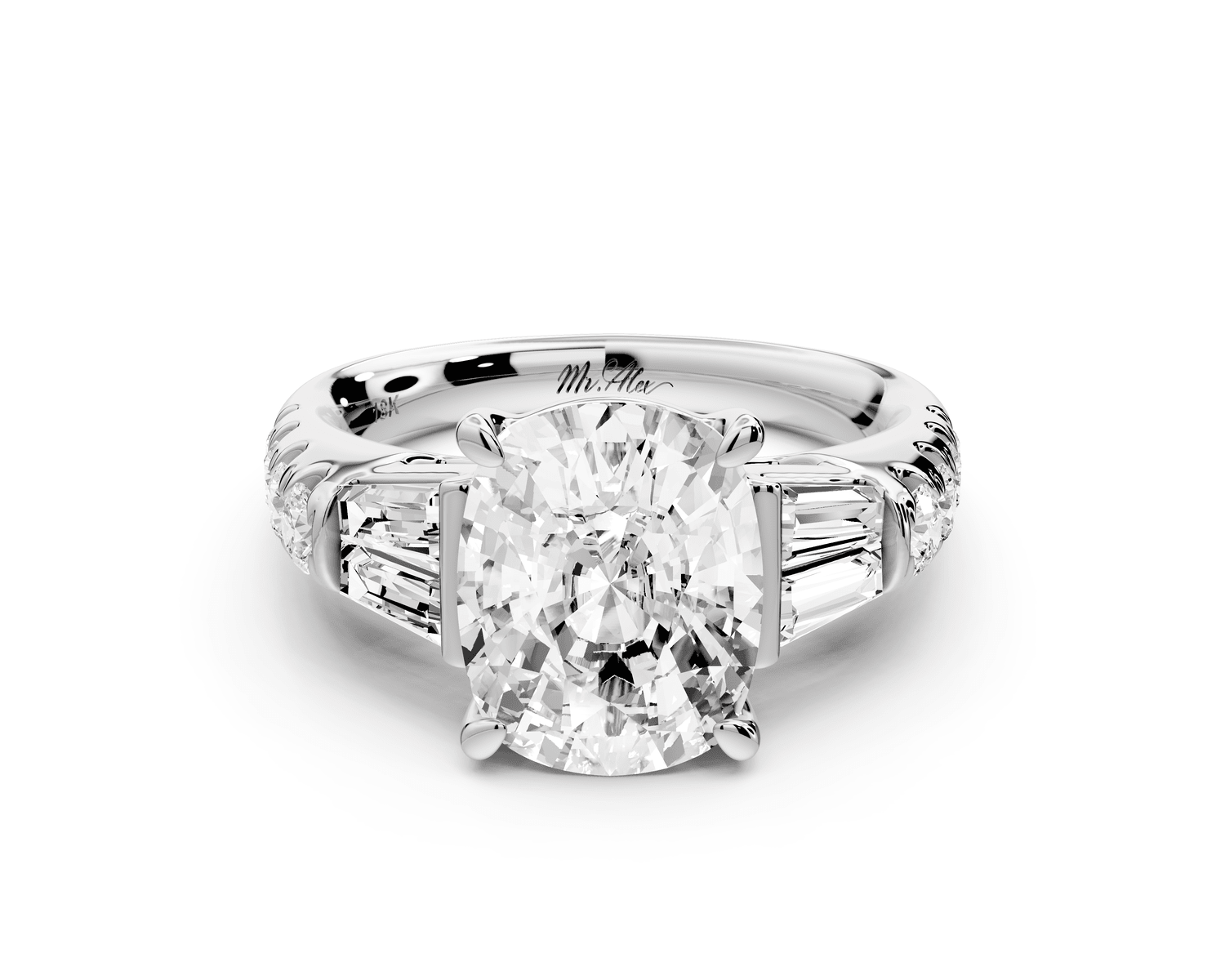Aria - 4ct platinum Elongated Cushion Diamond with tapered baguettes and round accent stones engagement ring - Mr. Alex Jewelry
