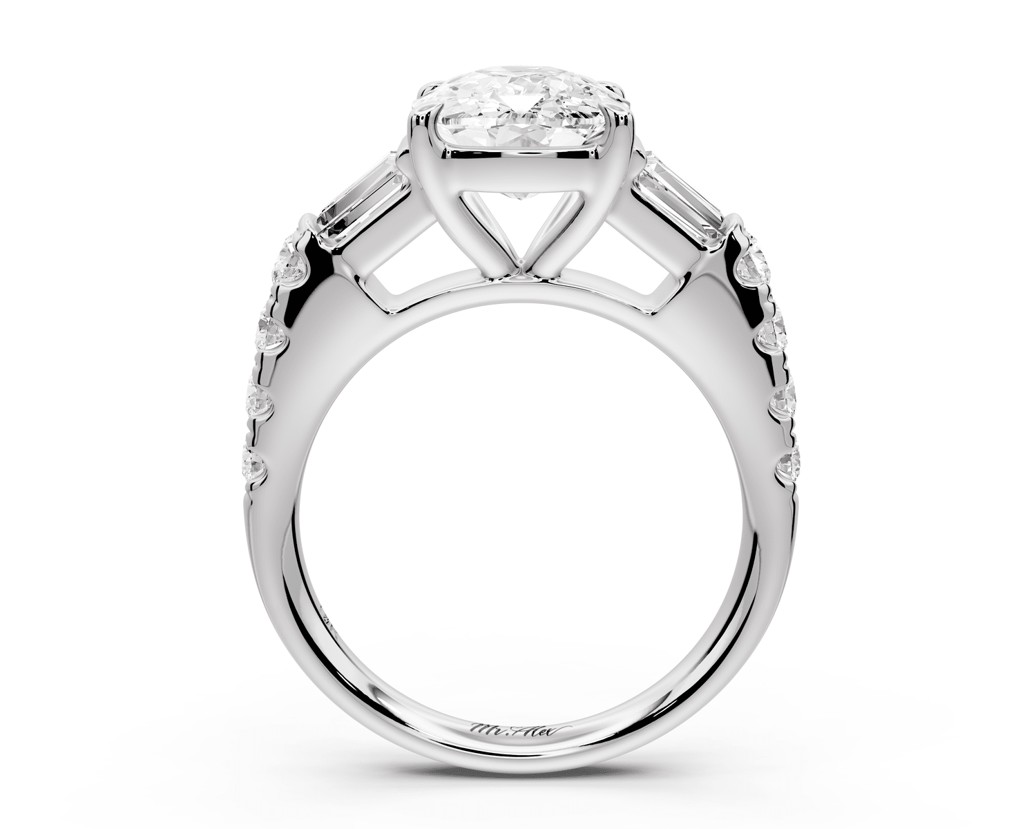 Aria - 4ct platinum Elongated Cushion Diamond with tapered baguettes and round accent stones engagement ring - Mr. Alex Jewelry