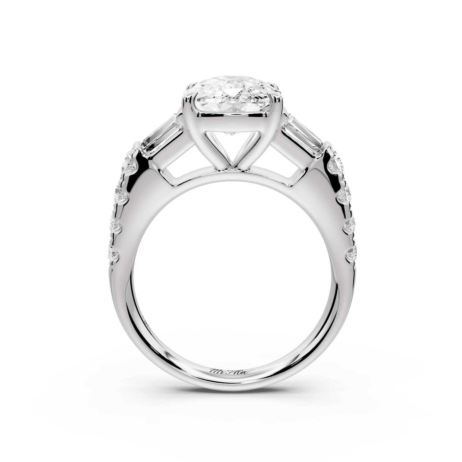 Aria - 4ct platinum Elongated Cushion Diamond with tapered baguettes and round accent stones engagement ring - Mr. Alex Jewelry