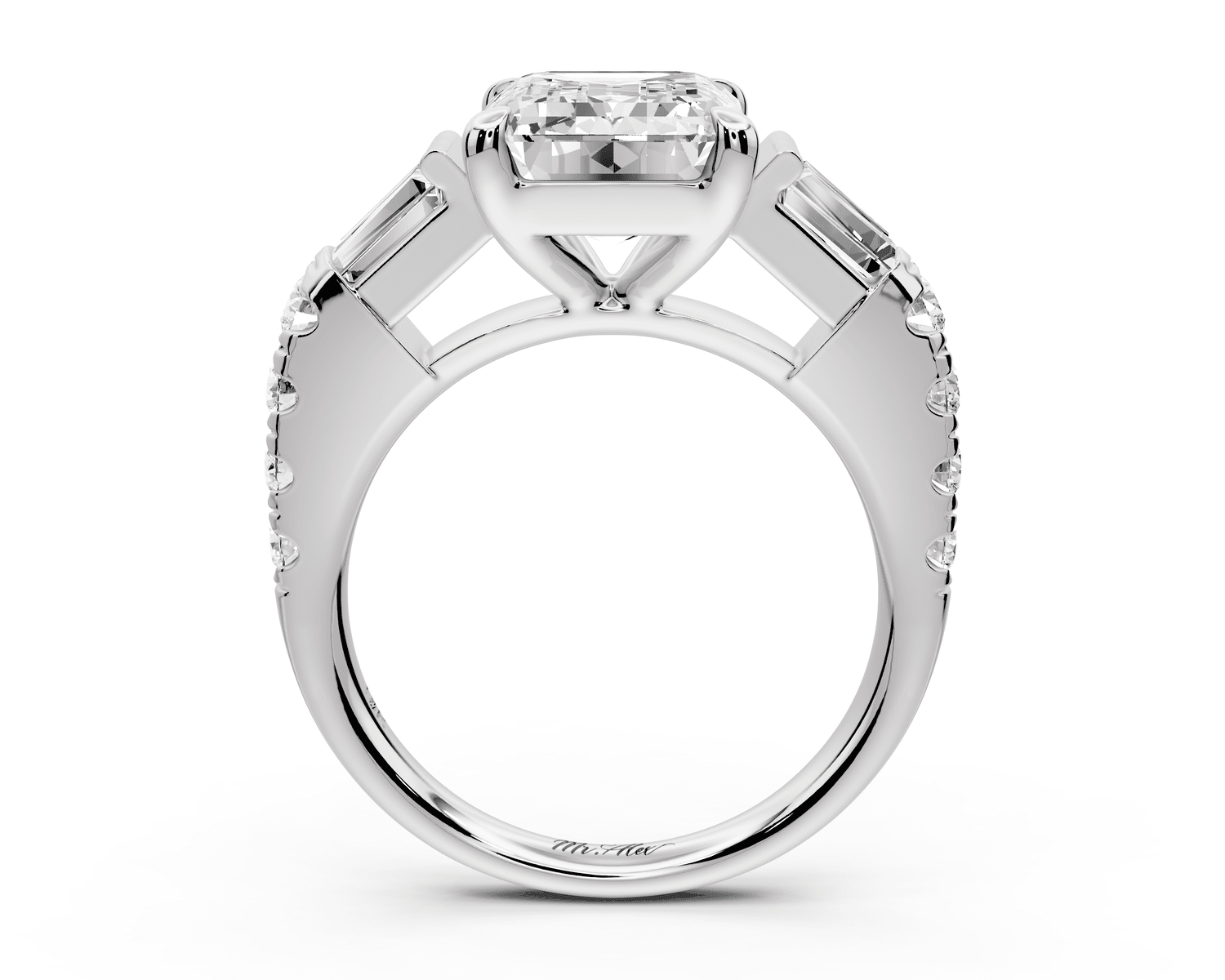 Aria - 4ct platinum emerald Diamond with tapered baguettes and round accent stones Engagement ring - Mr. Alex Jewelry