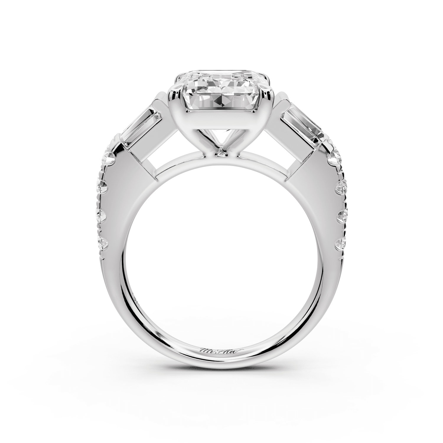 Aria - 4ct platinum emerald Diamond with tapered baguettes and round accent stones Engagement ring - Mr. Alex Jewelry