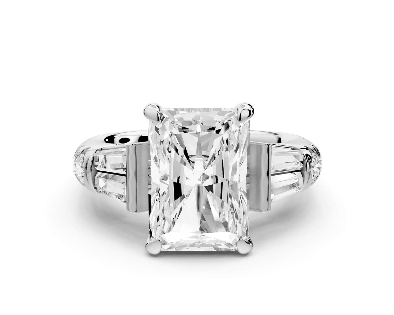 Aria - 4ct platinum radiant Diamond with tapered baguettes and round accent stones engagement ring - Mr. Alex Jewelry
