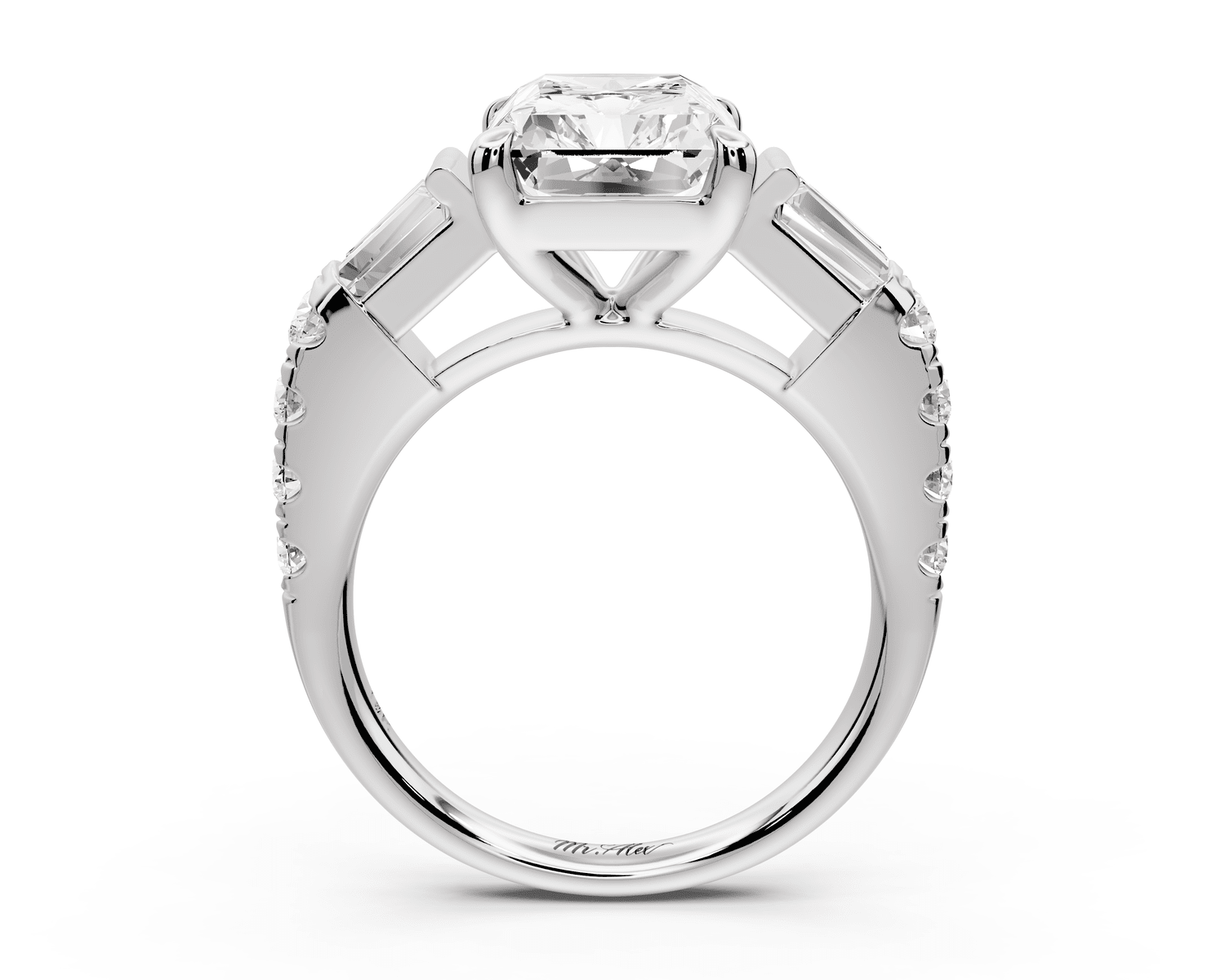 Aria - 4ct platinum radiant Diamond with tapered baguettes and round accent stones engagement ring - Mr. Alex Jewelry