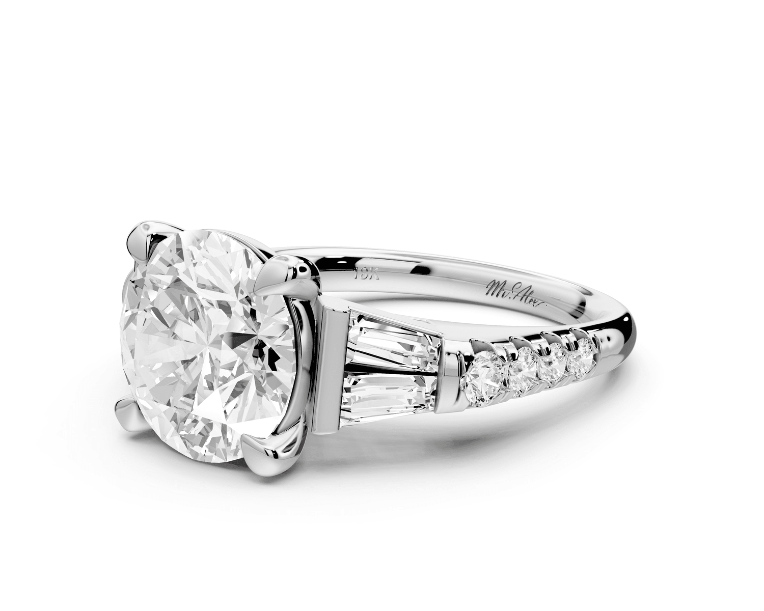 Aria - 4ct platinum round Diamond with tapered baguettes and round accent stones engagment ring - Mr. Alex Jewelry