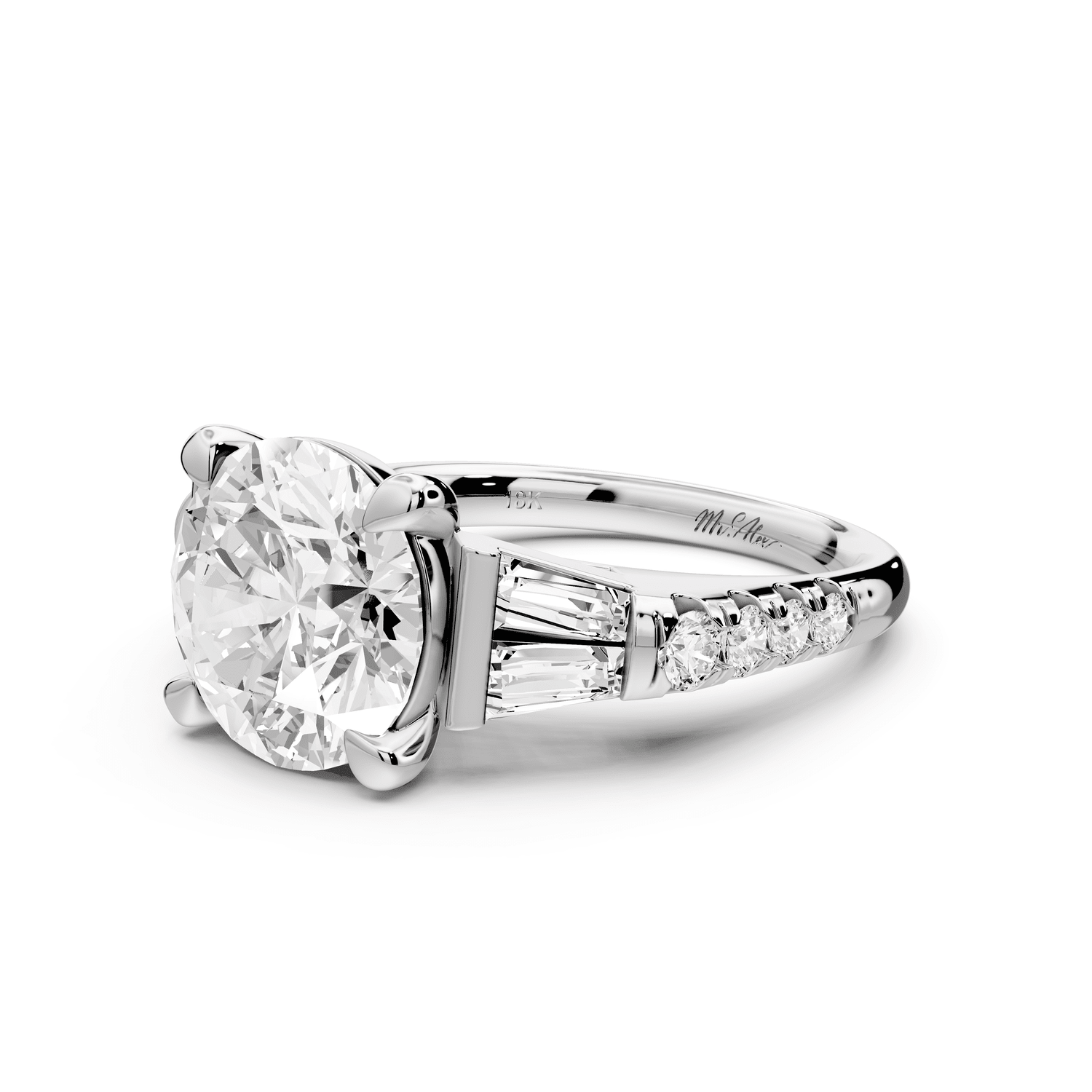 Aria - 4ct platinum round Diamond with tapered baguettes and round accent stones engagment ring - Mr. Alex Jewelry