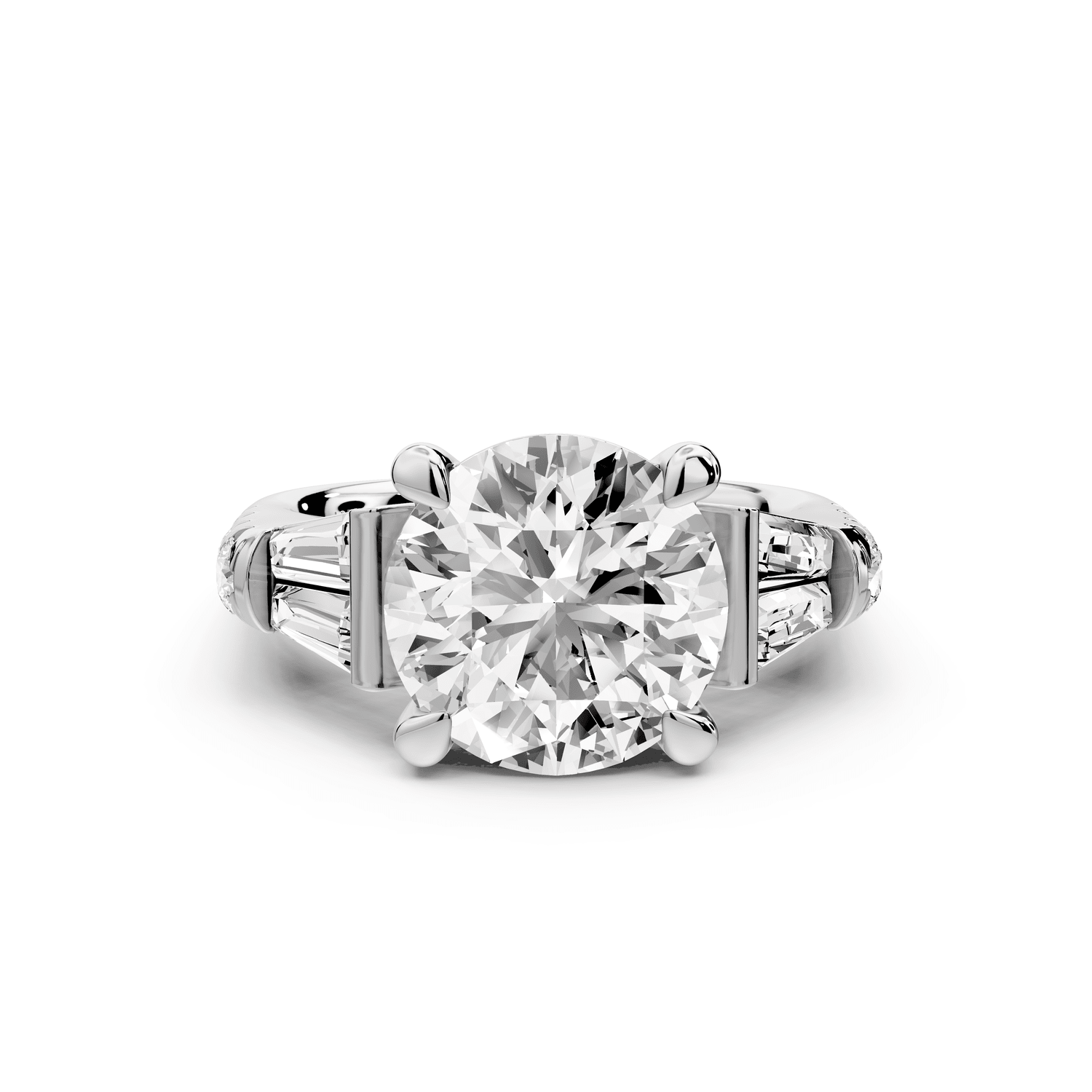 Aria - 4ct platinum round Diamond with tapered baguettes and round accent stones engagment ring - Mr. Alex Jewelry