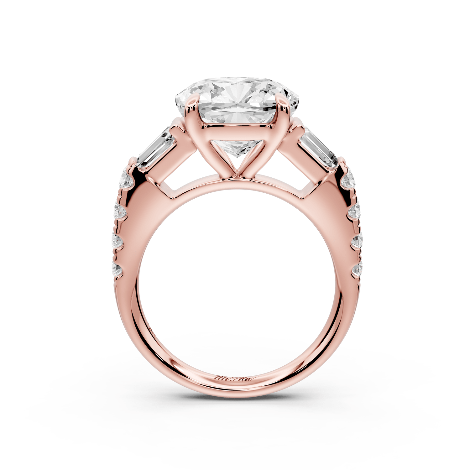 Aria - 5ct 14k rose gold cushion Diamond with tapered baguettes and round accent stones engagement ring - Mr. Alex Jewelry