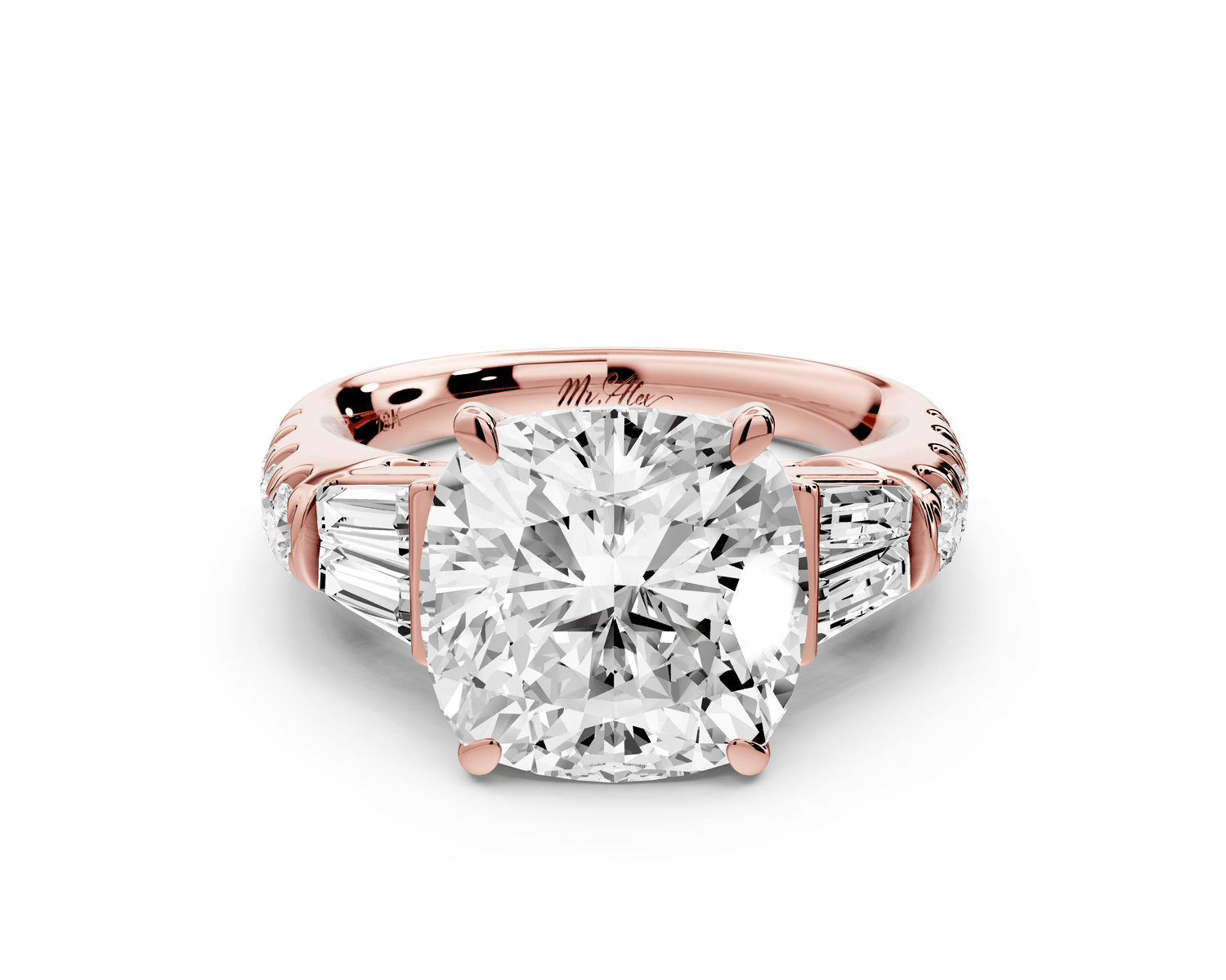 Aria - 5ct 14k rose gold cushion Diamond with tapered baguettes and round accent stones engagement ring - Mr. Alex Jewelry