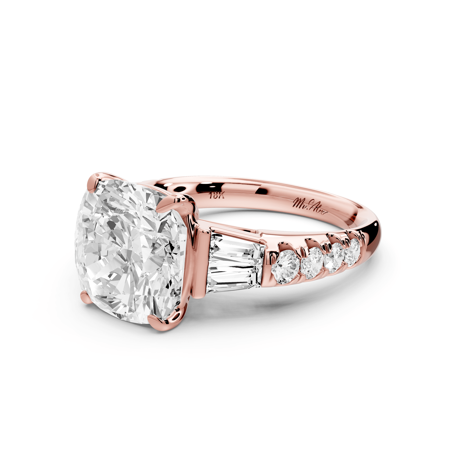 Aria - 5ct 14k rose gold cushion Diamond with tapered baguettes and round accent stones engagement ring - Mr. Alex Jewelry