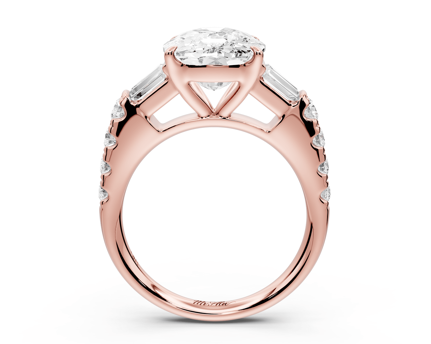 Aria - 5ct 14k rose gold Elongated Cushion Diamond with tapered baguettes and round accent stones engagement ring - Mr. Alex Jewelry