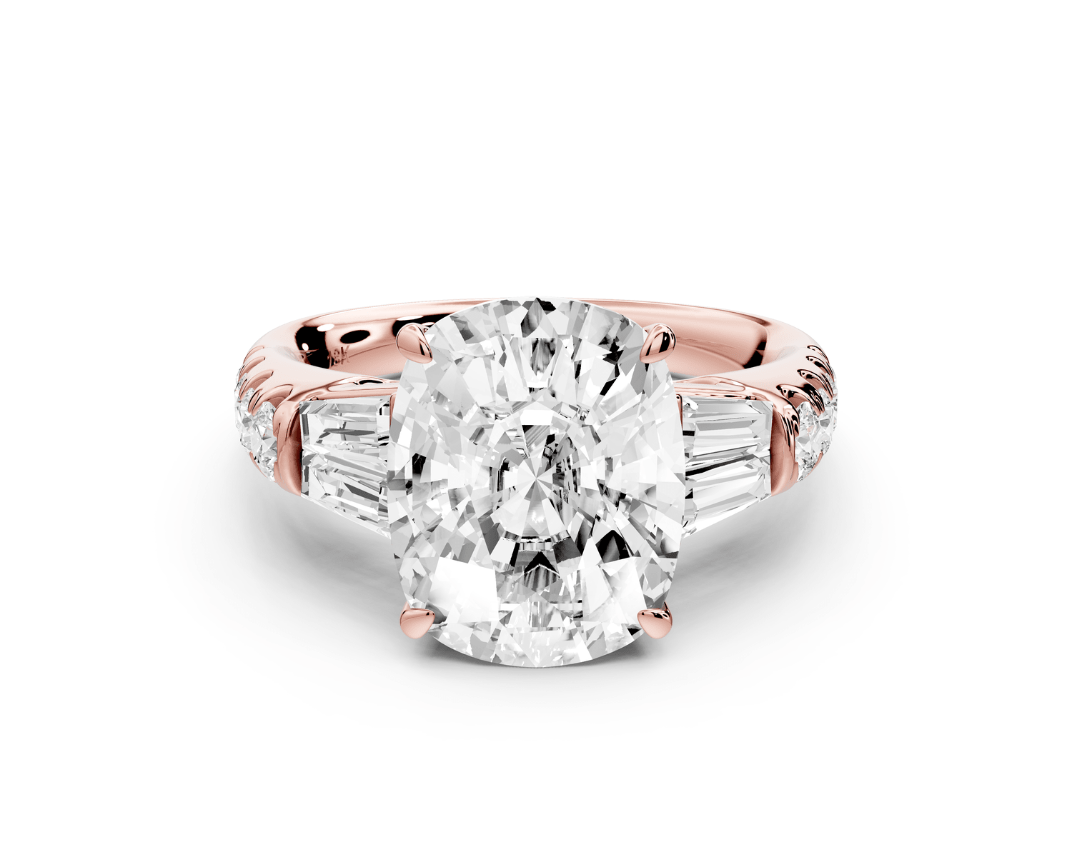 Aria - 5ct 14k rose gold Elongated Cushion Diamond with tapered baguettes and round accent stones engagement ring - Mr. Alex Jewelry