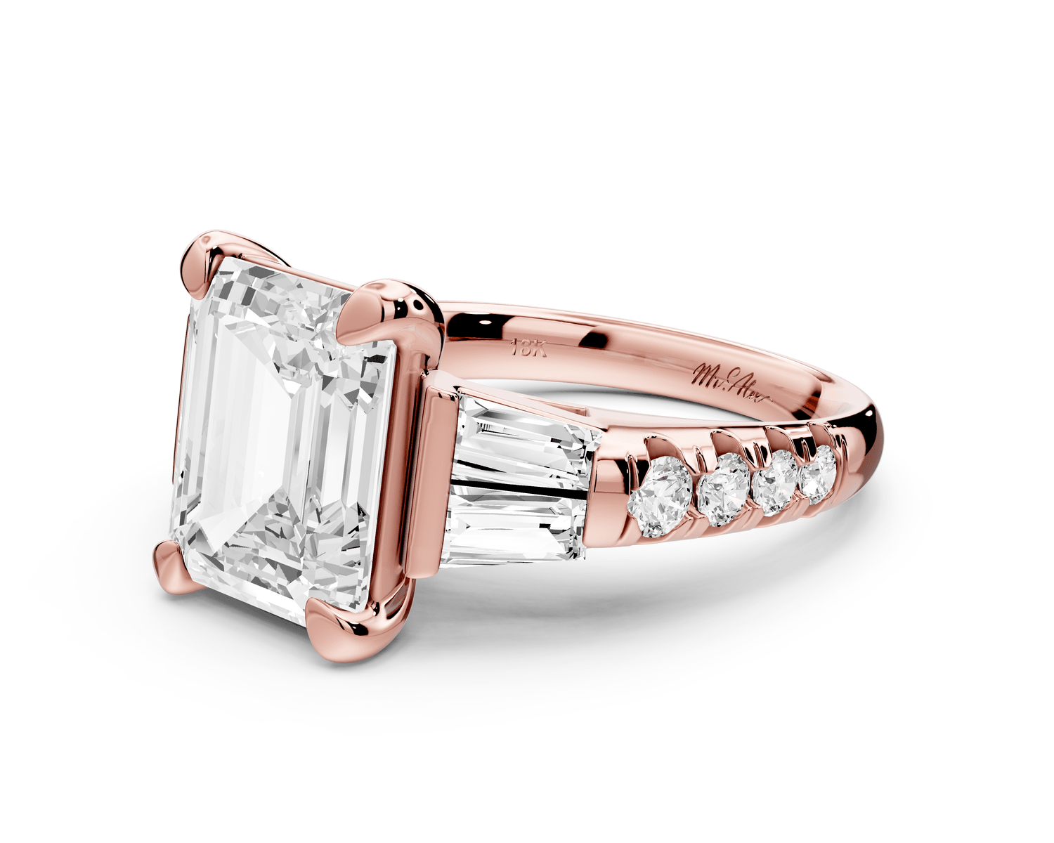 Aria - 5ct 14k rose gold emerald Diamond with tapered baguettes and round accent stones Engagement ring - Mr. Alex Jewelry
