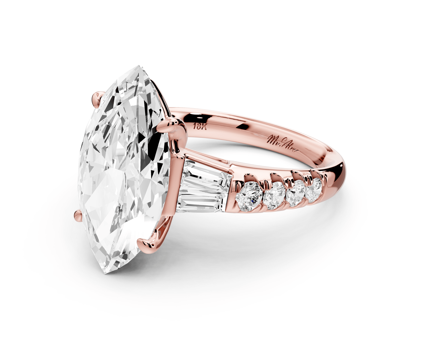 Aria - 5ct 14k rose gold marquise Diamond with tapered baguettes and round accent stones engagement ring - Mr. Alex Jewelry