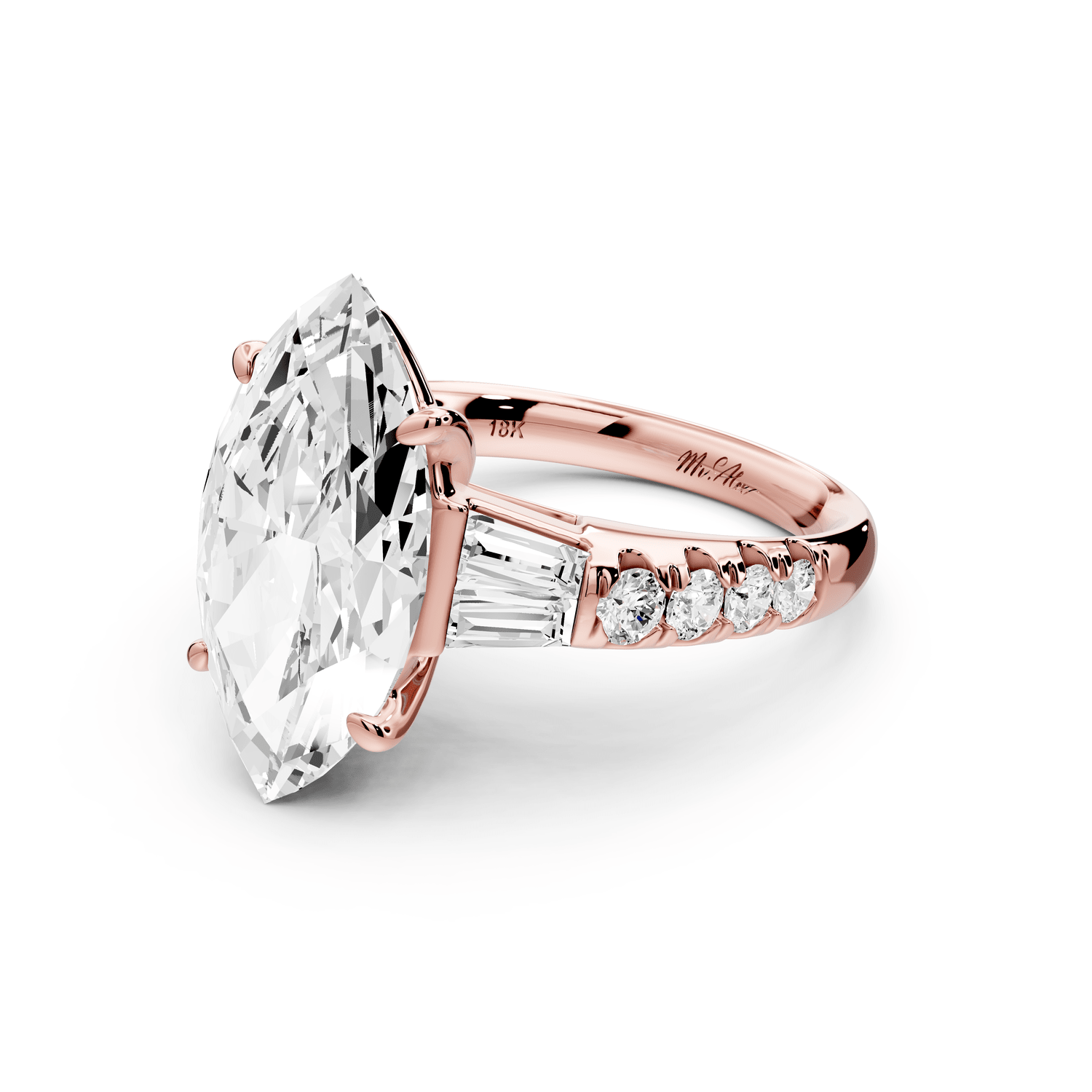 Aria - 5ct 14k rose gold marquise Diamond with tapered baguettes and round accent stones engagement ring - Mr. Alex Jewelry