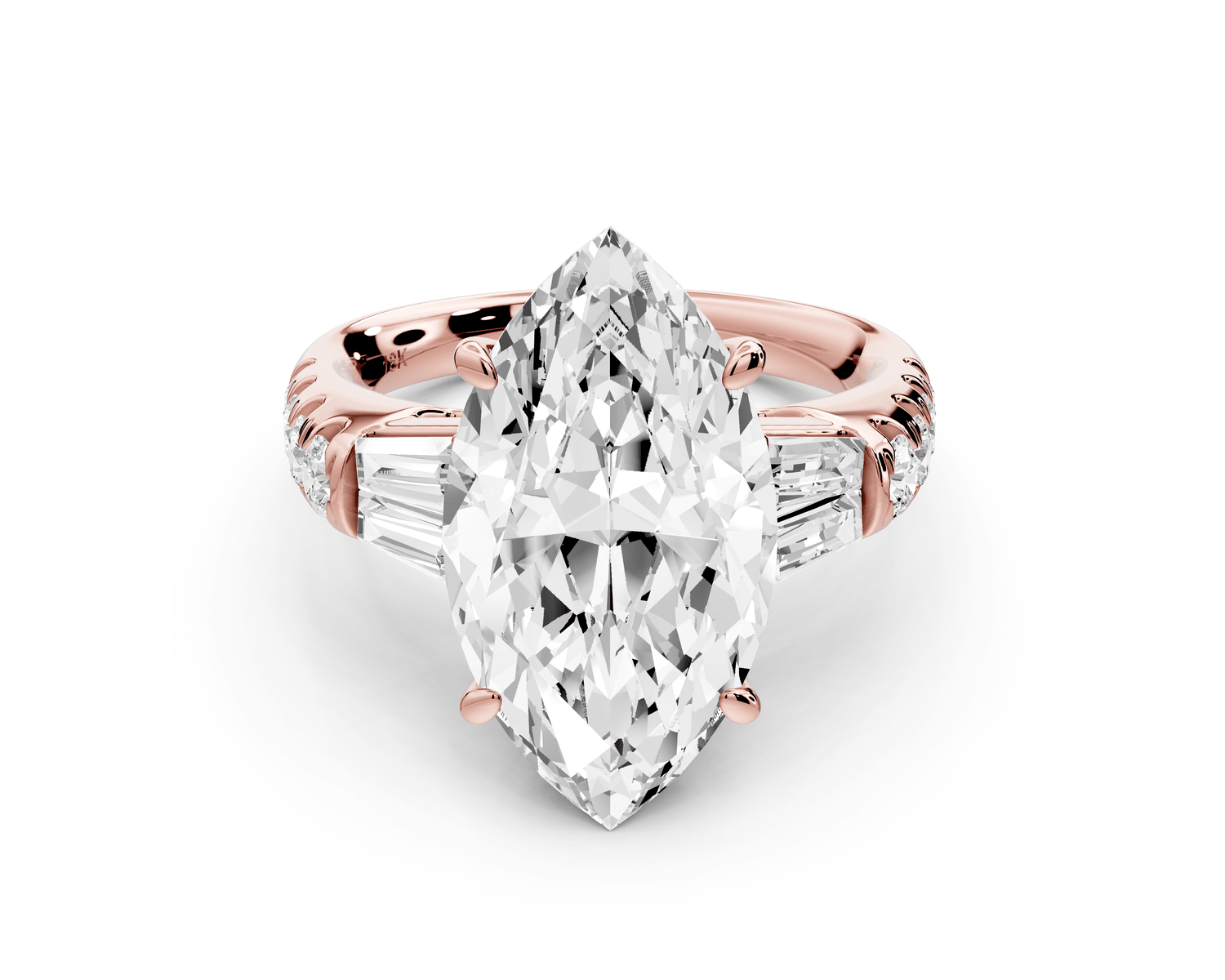 Aria - 5ct 14k rose gold marquise Diamond with tapered baguettes and round accent stones engagement ring - Mr. Alex Jewelry