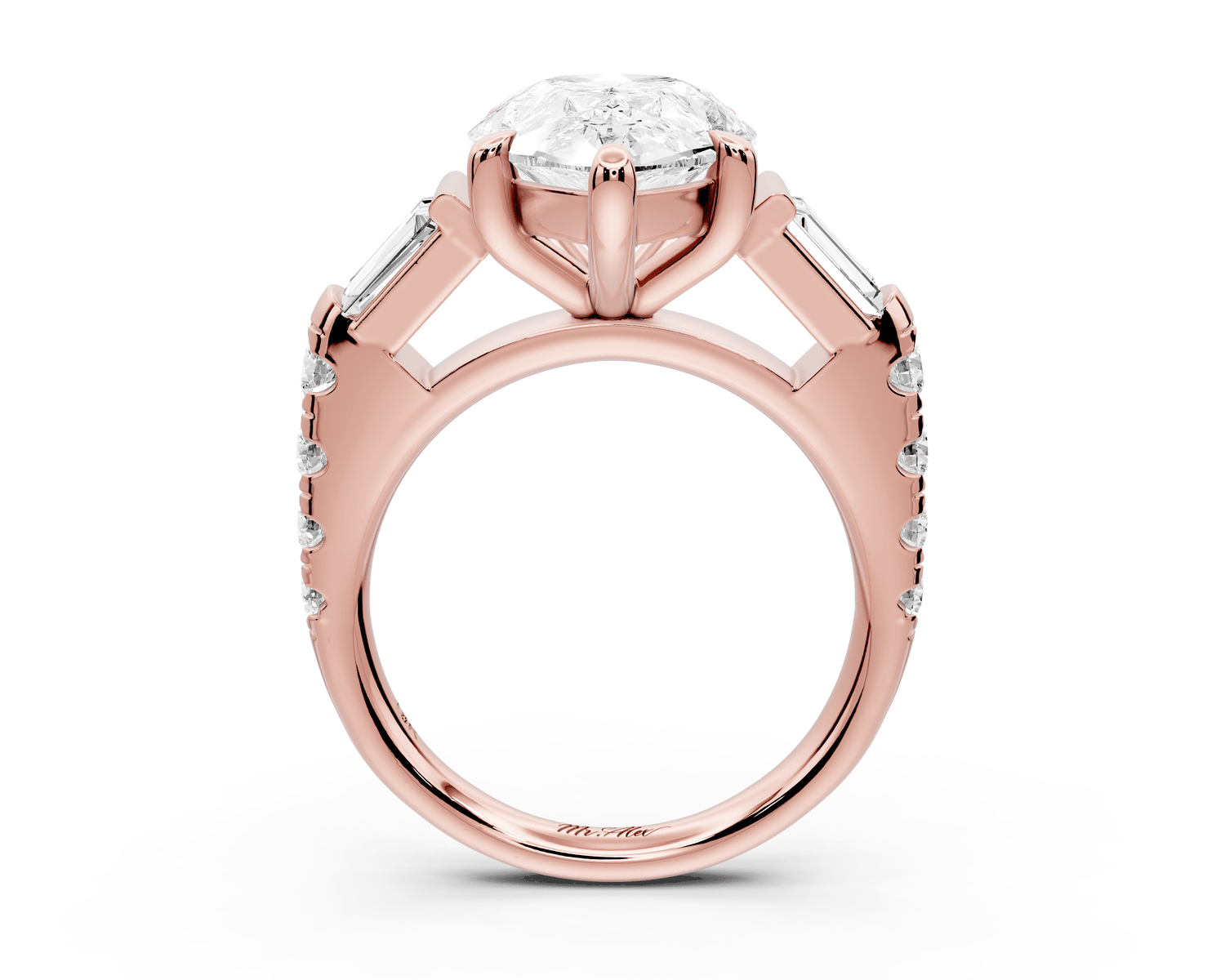 Aria - 5ct 14k rose gold pear Diamond with tapered baguettes and round accent stones Engagement ring - Mr. Alex Jewelry