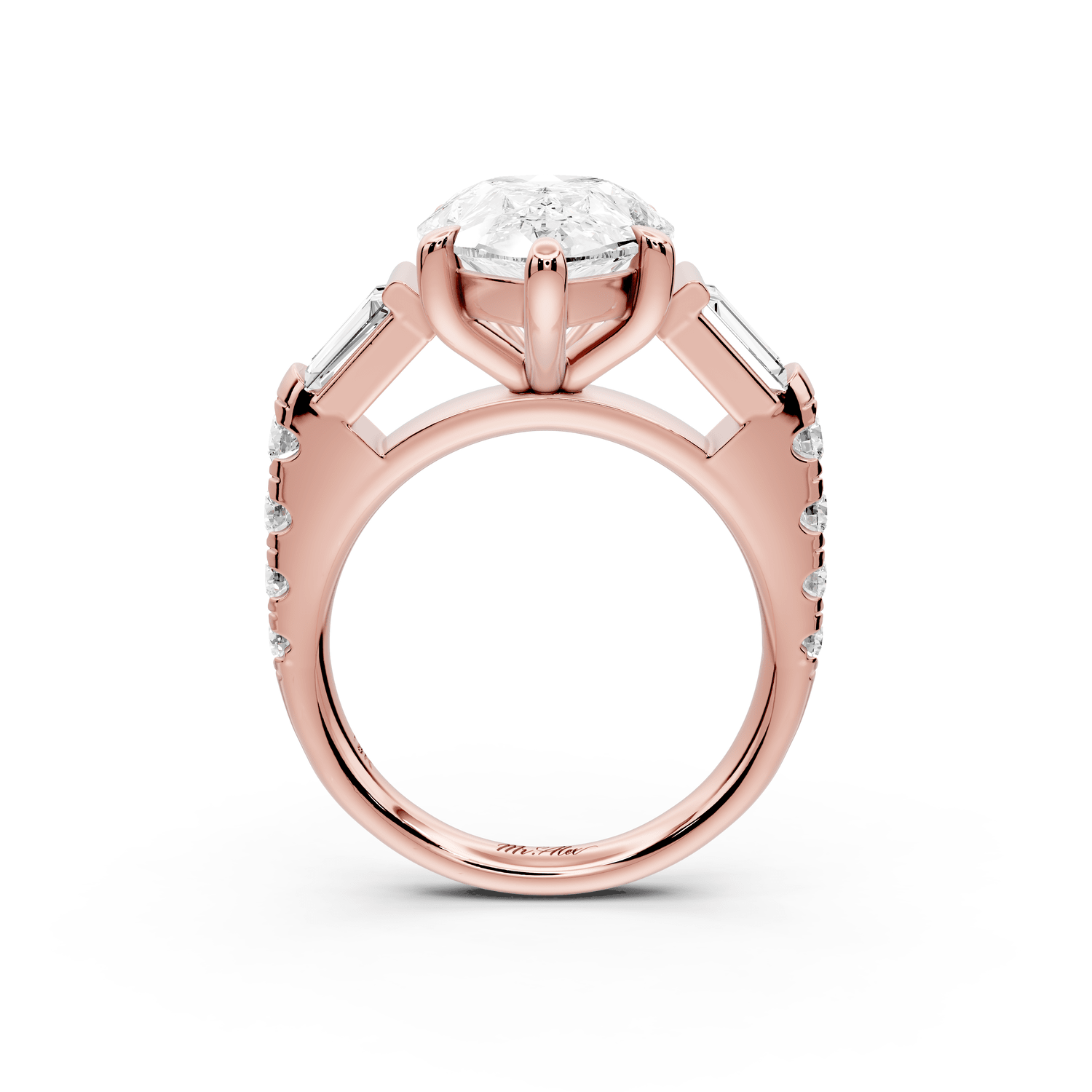 Aria - 5ct 14k rose gold pear Diamond with tapered baguettes and round accent stones Engagement ring - Mr. Alex Jewelry