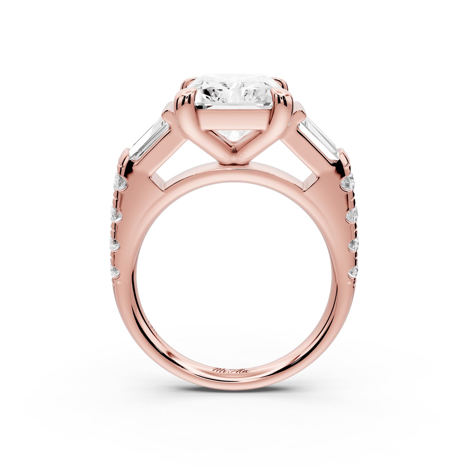 Aria - 5ct 14k rose gold radiant Diamond with tapered baguettes and round accent stones engagement ring - Mr. Alex Jewelry