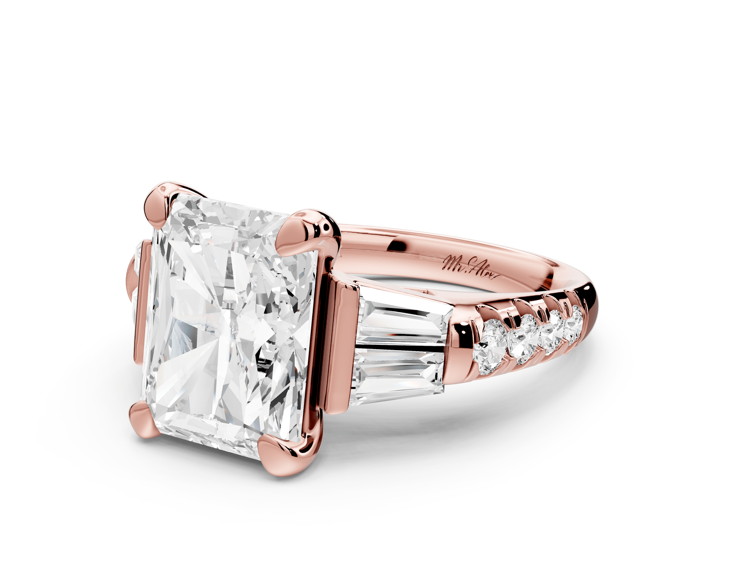 Aria - 5ct 14k rose gold radiant Diamond with tapered baguettes and round accent stones engagement ring - Mr. Alex Jewelry