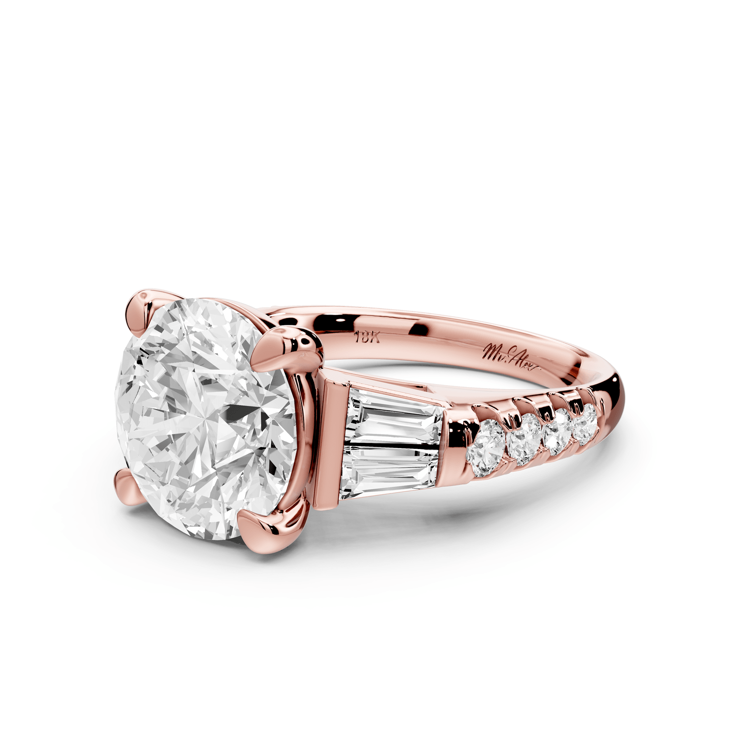 Aria - 5ct 14k rose gold round Diamond with tapered baguettes and round accent stones engagment ring - Mr. Alex Jewelry