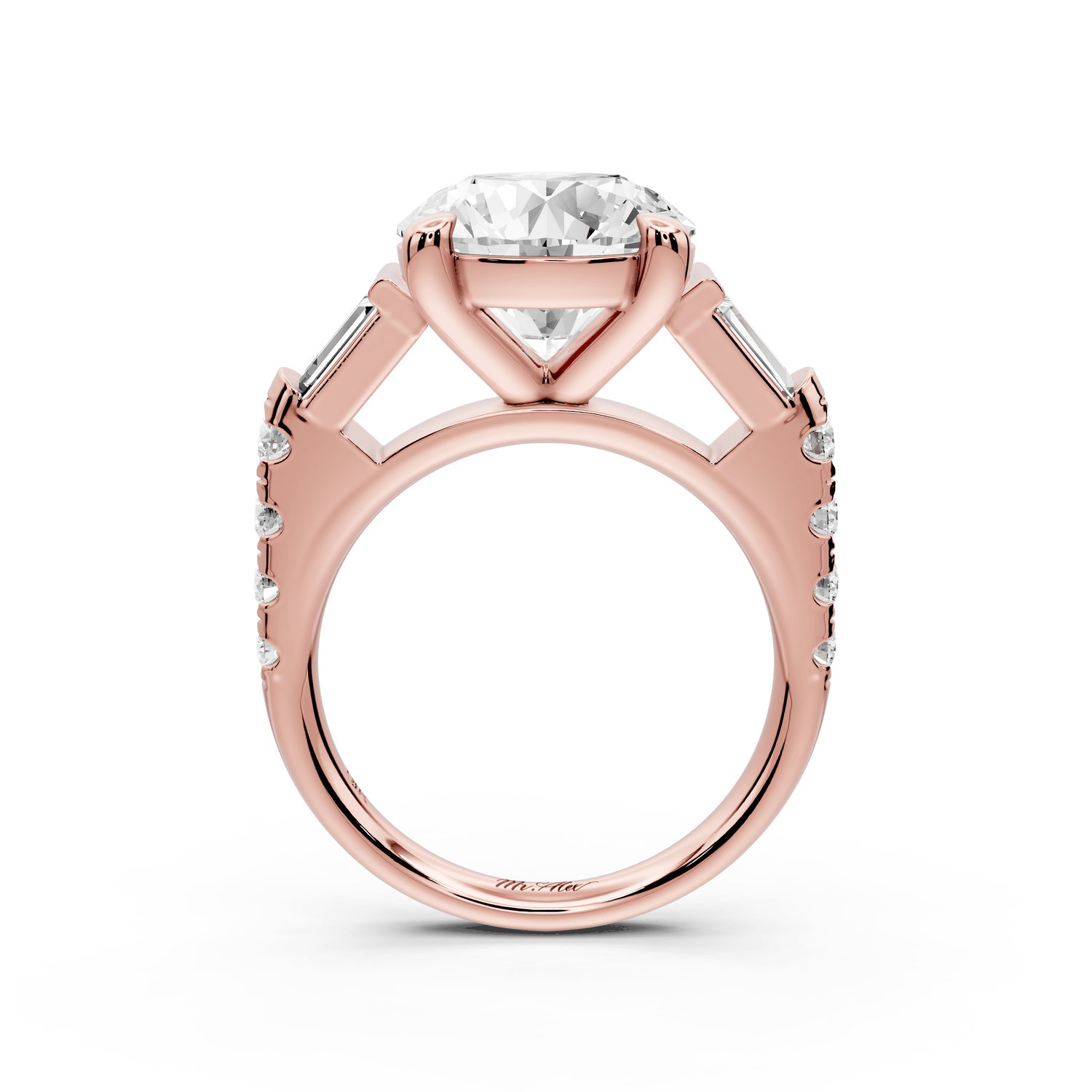 Aria - 5ct 14k rose gold round Diamond with tapered baguettes and round accent stones engagment ring - Mr. Alex Jewelry