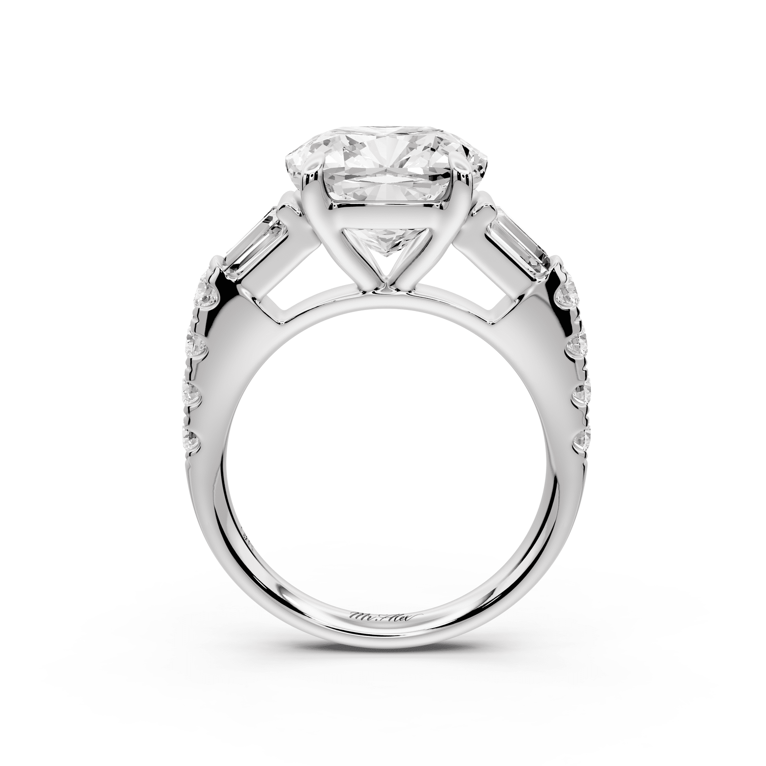 Aria - 5ct 14k white gold cushion Diamond with tapered baguettes and round accent stones engagement ring - Mr. Alex Jewelry