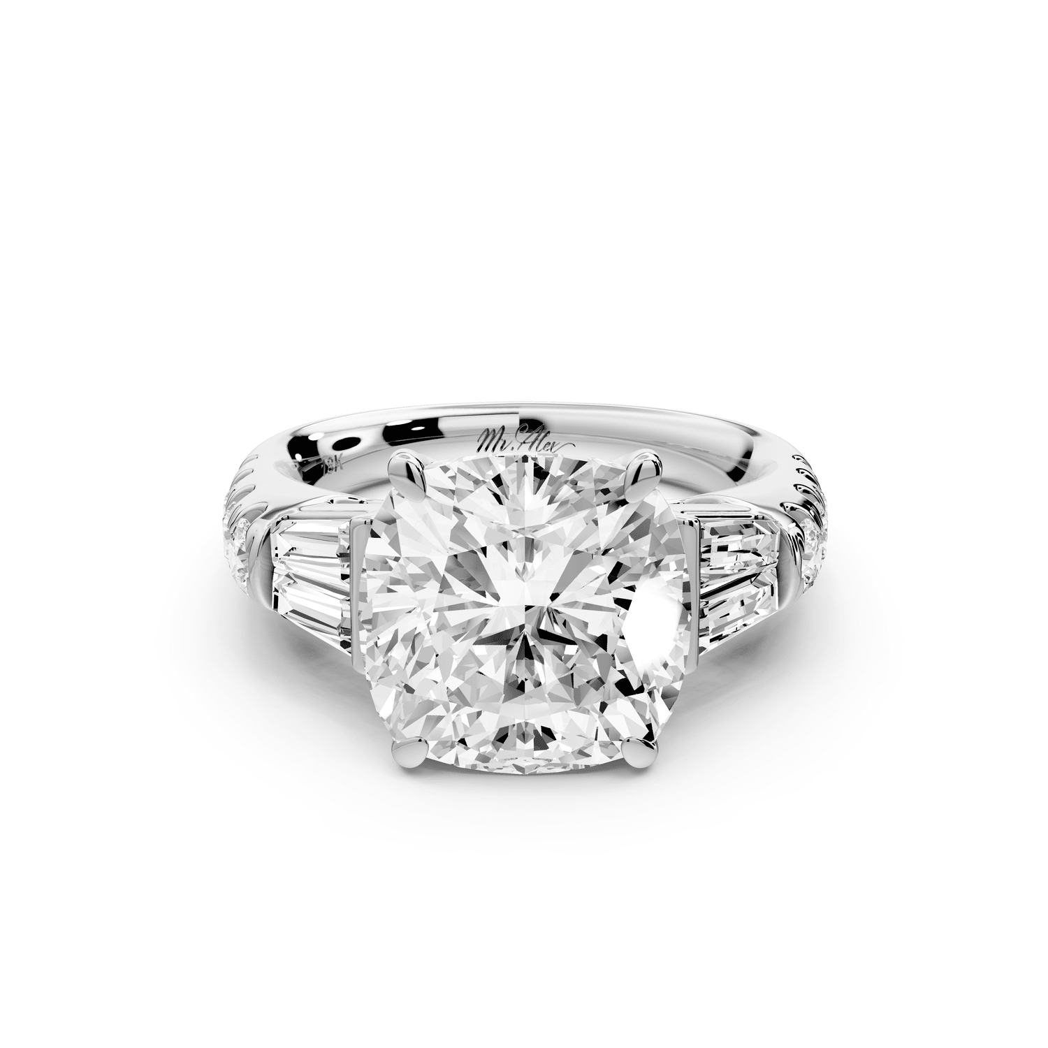 Aria - 5ct 14k white gold cushion Diamond with tapered baguettes and round accent stones engagement ring - Mr. Alex Jewelry