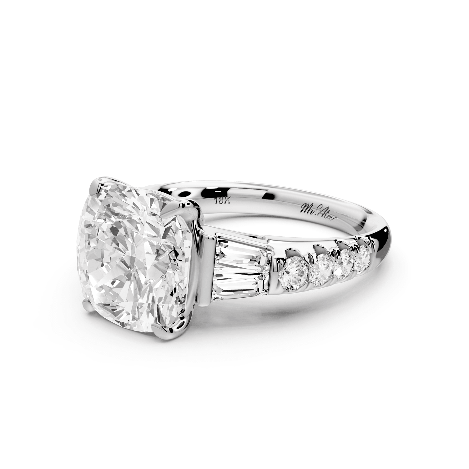 Aria - 5ct 14k white gold cushion Diamond with tapered baguettes and round accent stones engagement ring - Mr. Alex Jewelry