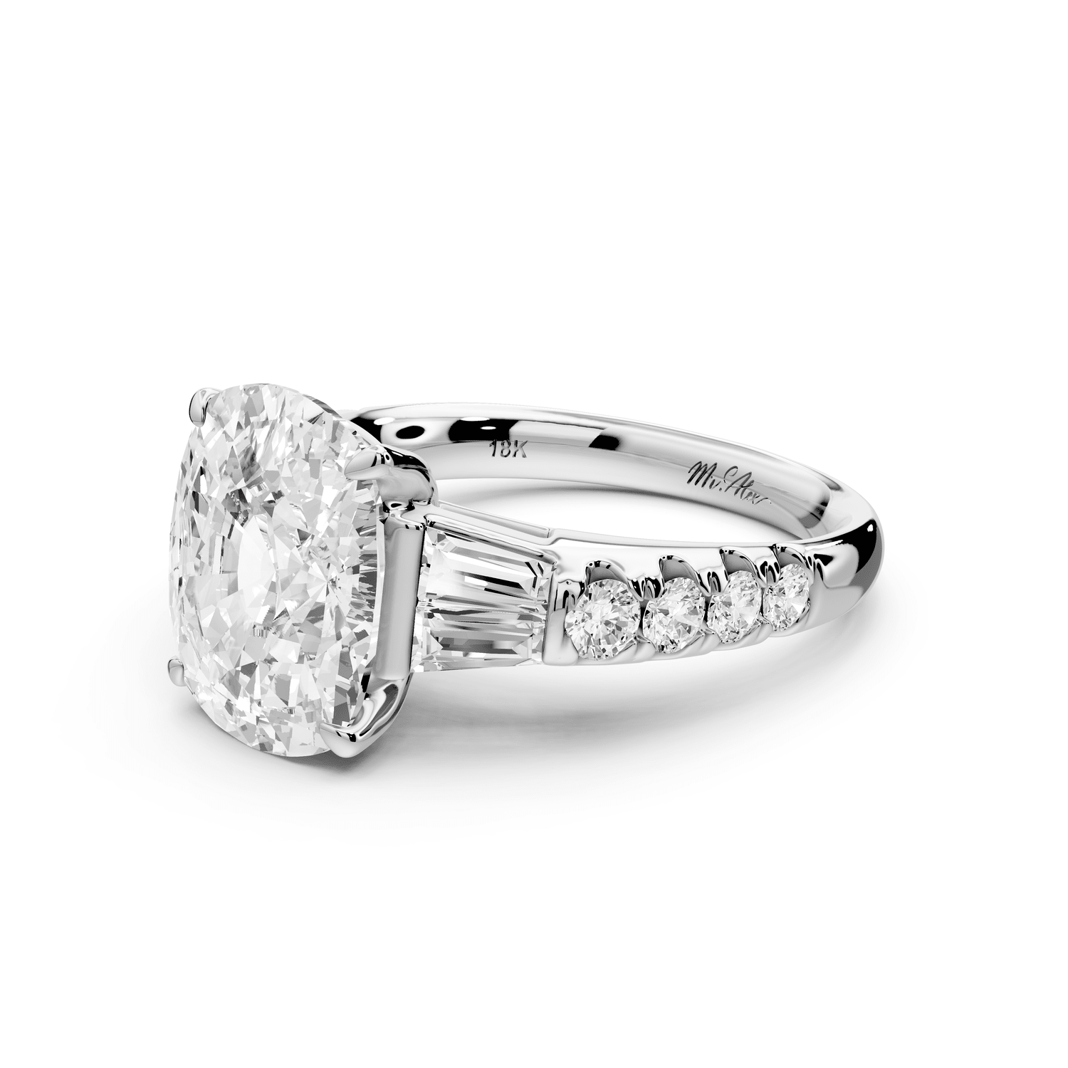 Aria - 5ct 14k white gold Elongated Cushion Diamond with tapered baguettes and round accent stones engagement ring - Mr. Alex Jewelry