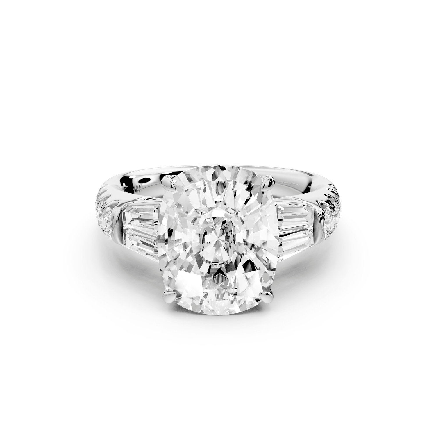 Aria - 5ct 14k white gold Elongated Cushion Diamond with tapered baguettes and round accent stones engagement ring - Mr. Alex Jewelry