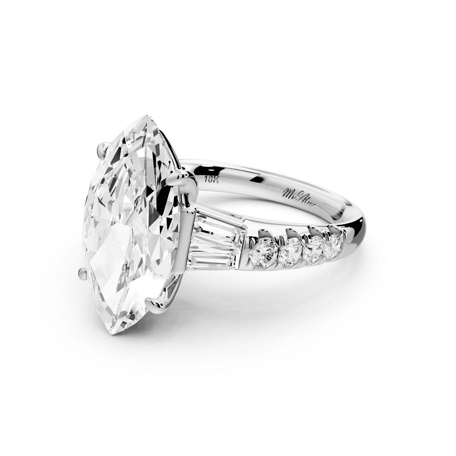 Aria - 5ct 14k white gold marquise Diamond with tapered baguettes and round accent stones engagement ring - Mr. Alex Jewelry