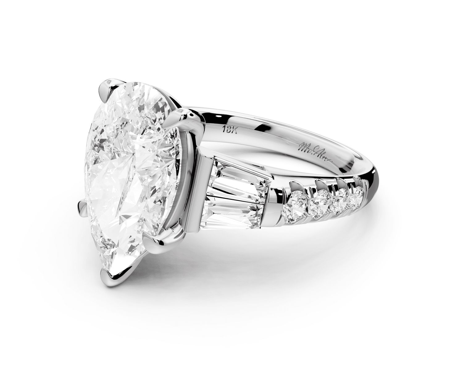 Aria - 5ct 14k white gold pear Diamond with tapered baguettes and round accent stones Engagement ring - Mr. Alex Jewelry