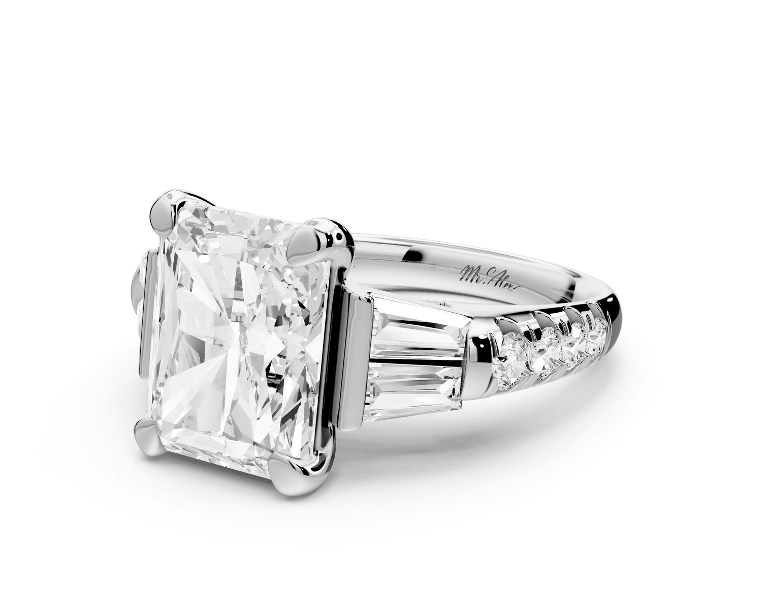 Aria - 5ct 14k white gold radiant Diamond with tapered baguettes and round accent stones engagement ring - Mr. Alex Jewelry