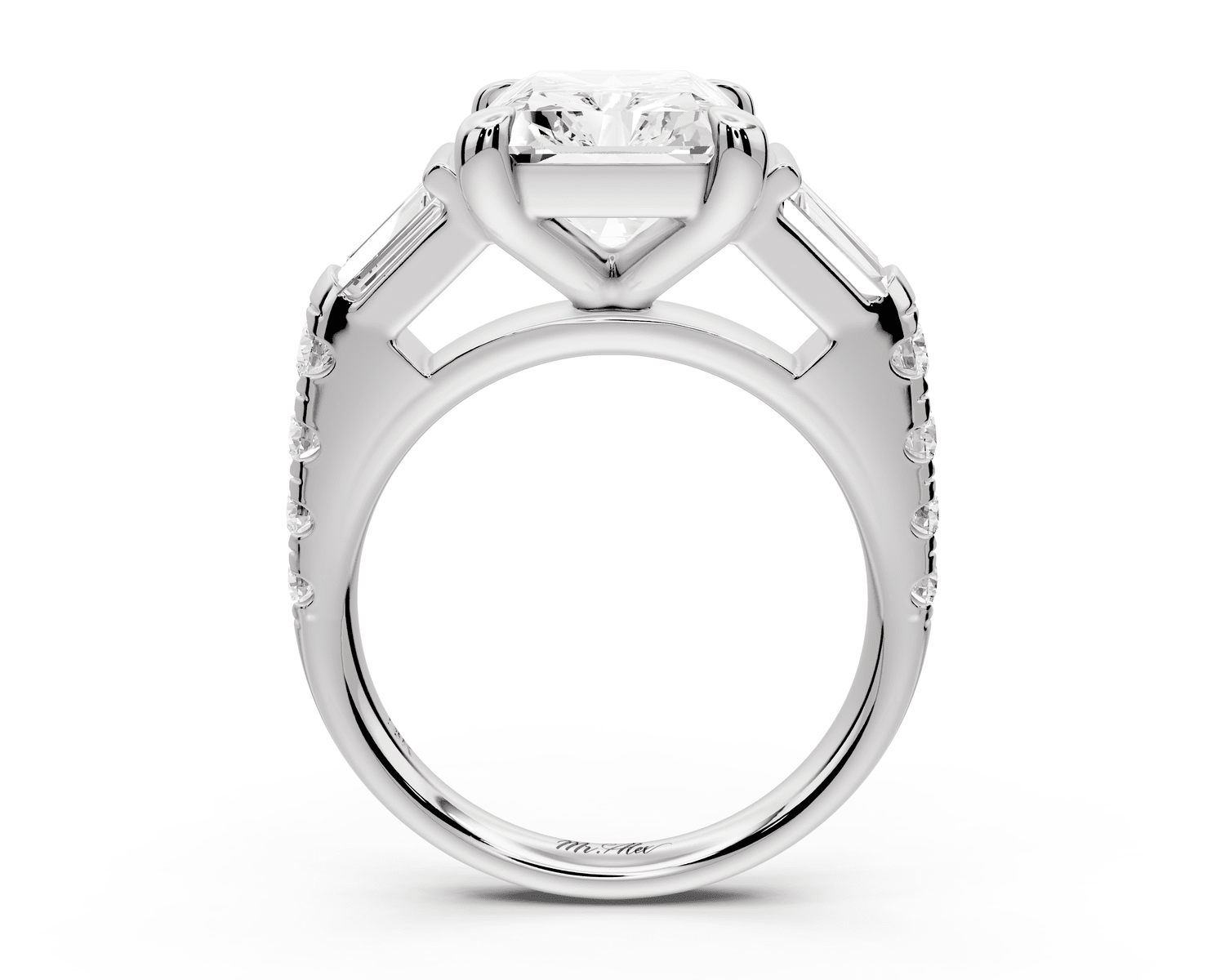Aria - 5ct 14k white gold radiant Diamond with tapered baguettes and round accent stones engagement ring - Mr. Alex Jewelry