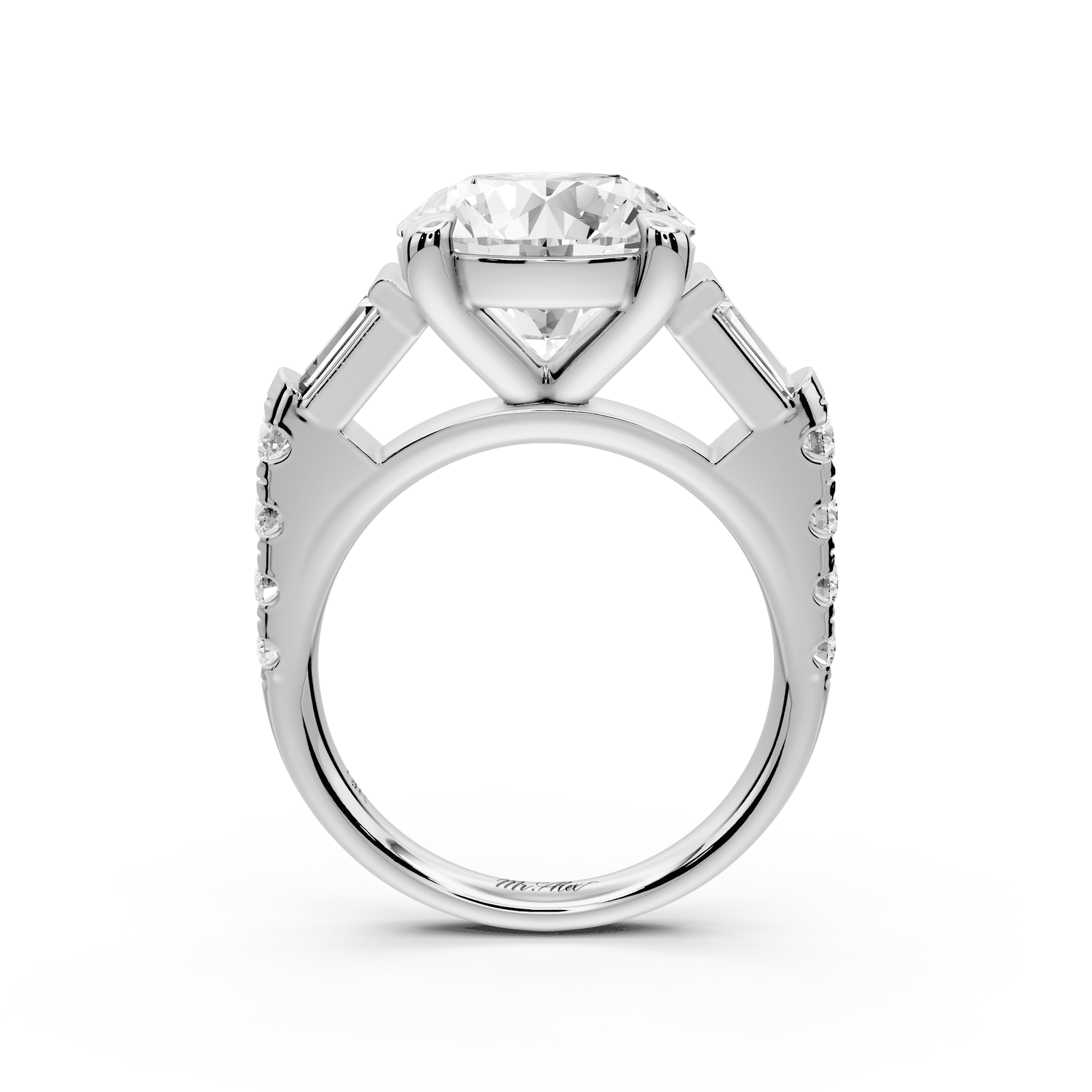 Aria - 5ct 14k white gold round Diamond with tapered baguettes and round accent stones engagment ring - Mr. Alex Jewelry