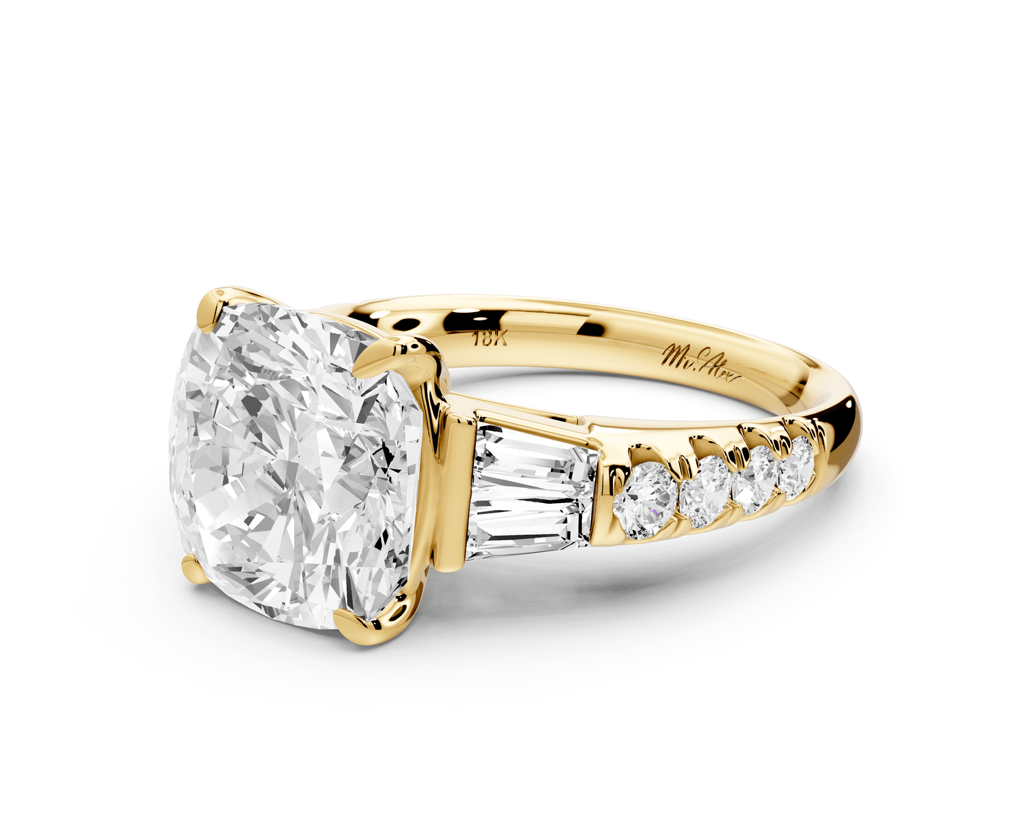 Aria - 5ct 14k yellow gold cushion Diamond with tapered baguettes and round accent stones engagement ring - Mr. Alex Jewelry