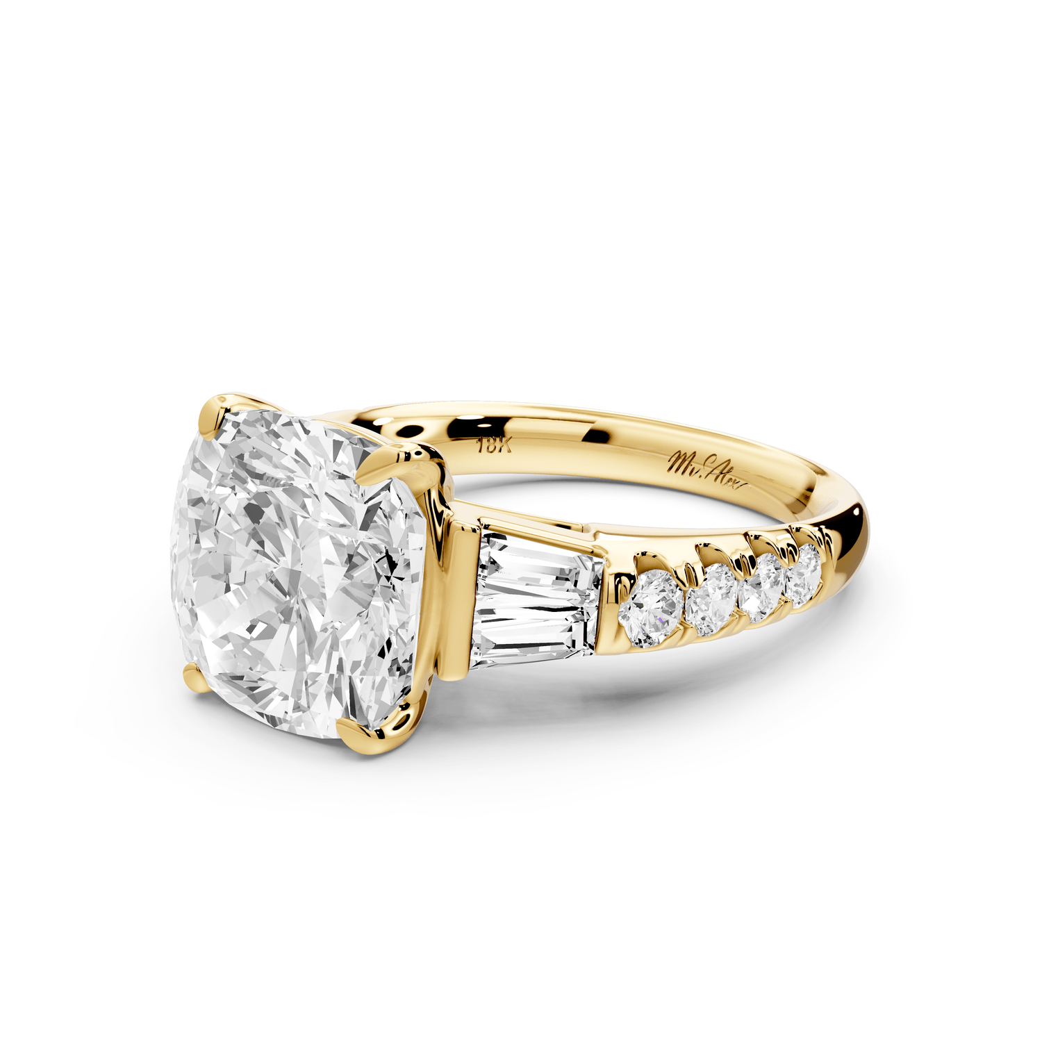 Aria - 5ct 14k yellow gold cushion Diamond with tapered baguettes and round accent stones engagement ring - Mr. Alex Jewelry