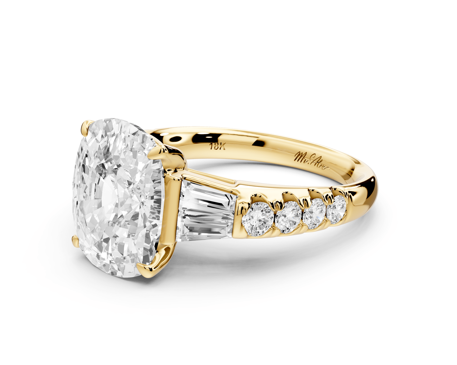 Aria - 5ct 14k yellow gold Elongated Cushion Diamond with tapered baguettes and round accent stones engagement ring - Mr. Alex Jewelry