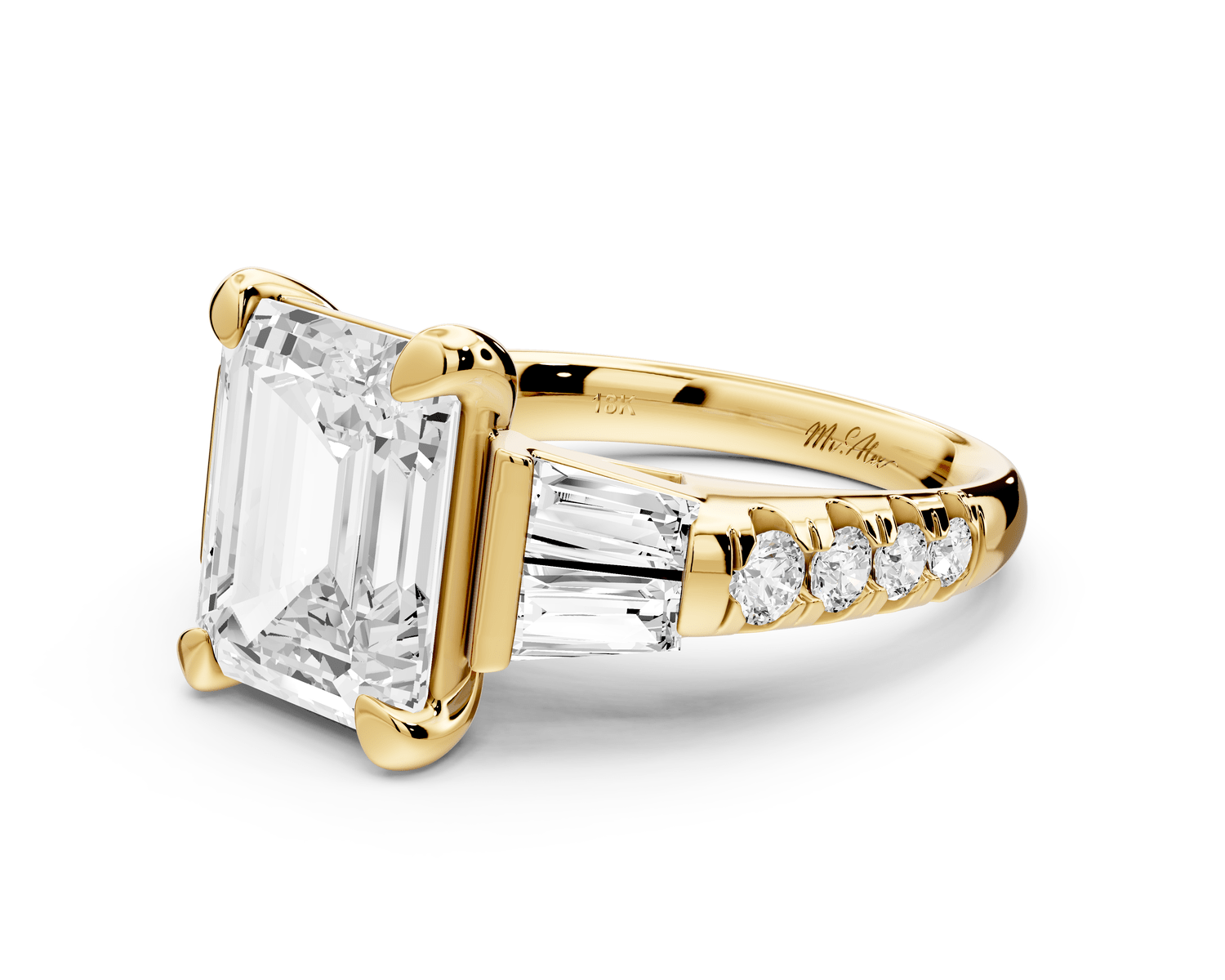 Aria - 5ct 14k yellow gold emerald Diamond with tapered baguettes and round accent stones Engagement ring - Mr. Alex Jewelry