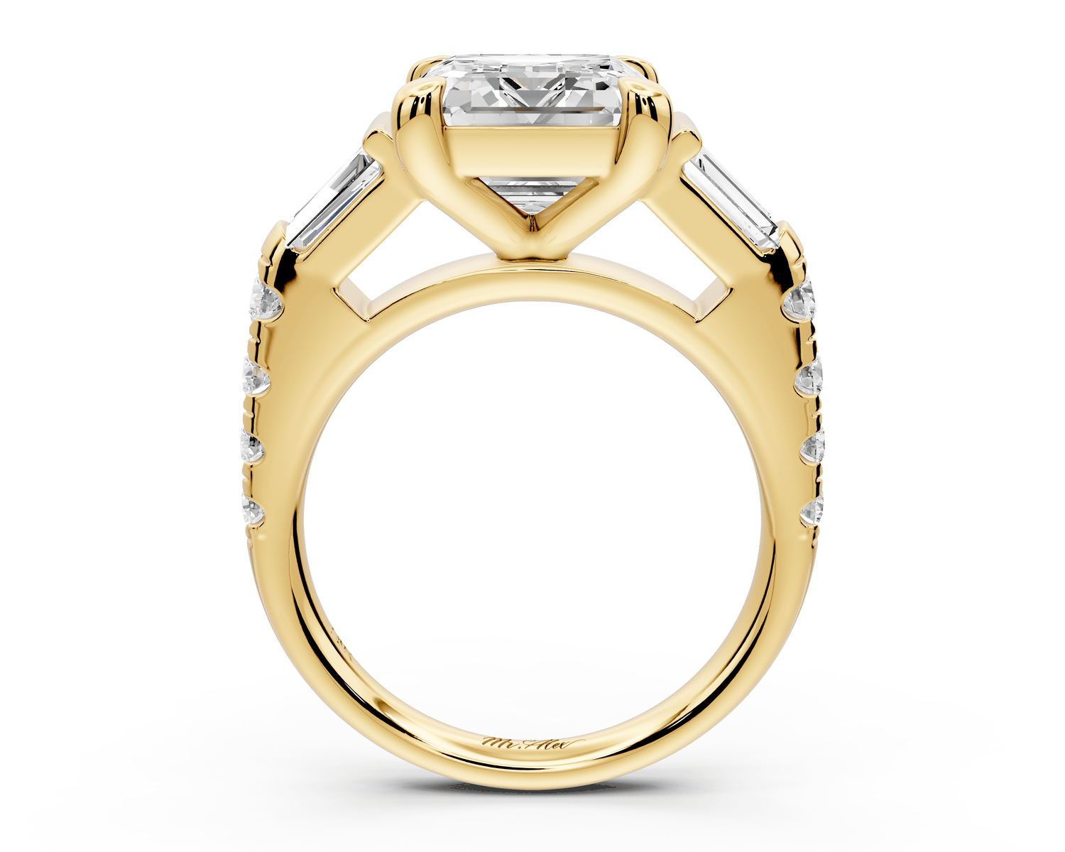 Aria - 5ct 14k yellow gold emerald Diamond with tapered baguettes and round accent stones Engagement ring - Mr. Alex Jewelry