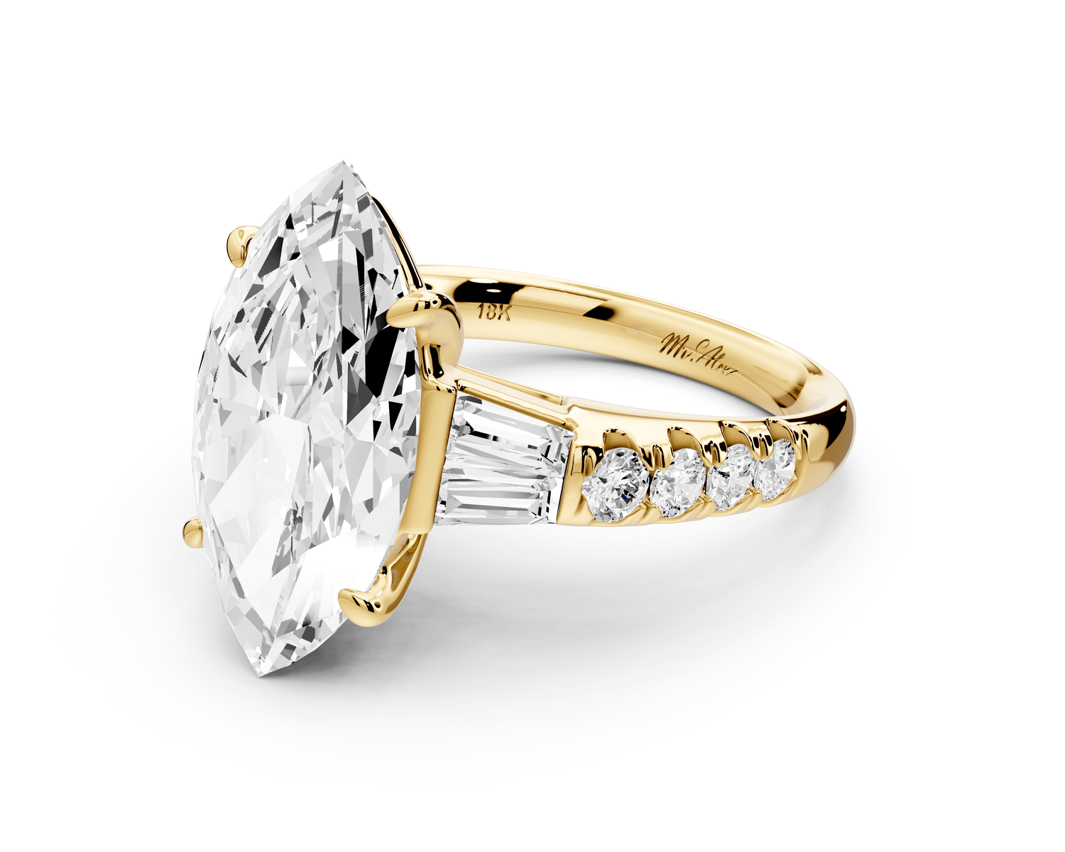 Aria - 5ct 14k yellow gold marquise Diamond with tapered baguettes and round accent stones engagement ring - Mr. Alex Jewelry