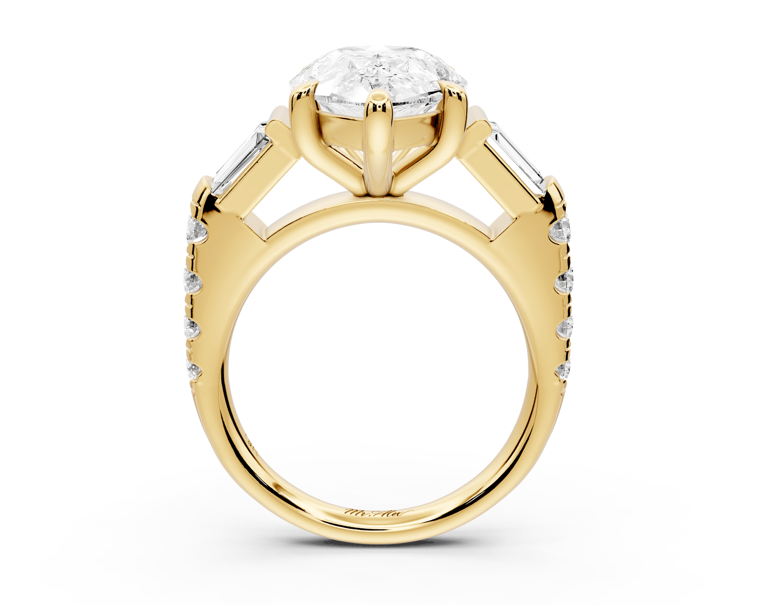 Aria - 5ct 14k yellow gold pear Diamond with tapered baguettes and round accent stones Engagement ring - Mr. Alex Jewelry