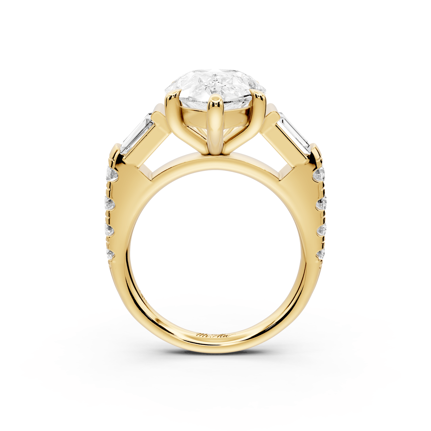 Aria - 5ct 14k yellow gold pear Diamond with tapered baguettes and round accent stones Engagement ring - Mr. Alex Jewelry