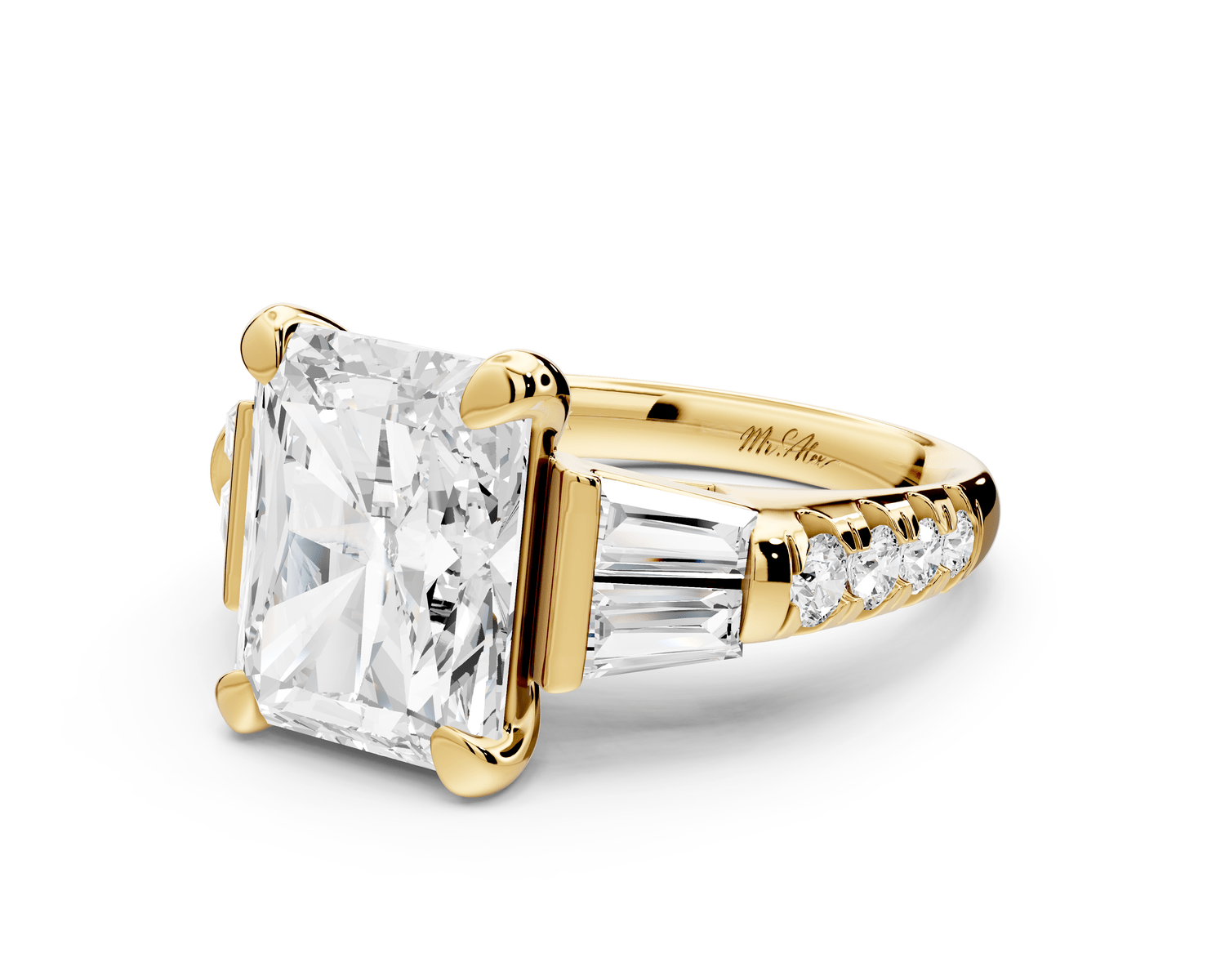 Aria - 5ct 14k yellow gold radiant Diamond with tapered baguettes and round accent stones engagement ring - Mr. Alex Jewelry