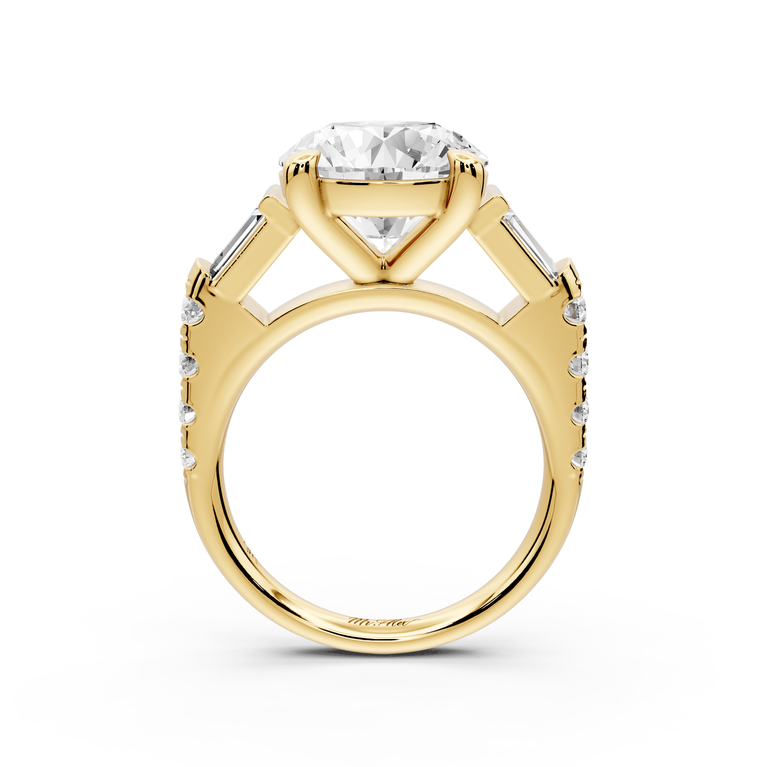 Aria - 5ct 14k yellow gold round Diamond with tapered baguettes and round accent stones engagment ring - Mr. Alex Jewelry