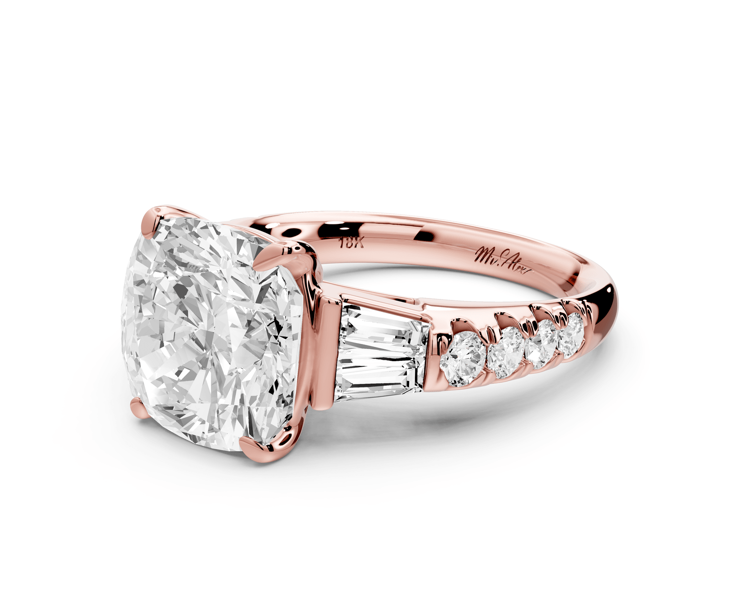 Aria - 5ct 18k rose gold cushion Diamond with tapered baguettes and round accent stones engagement ring - Mr. Alex Jewelry