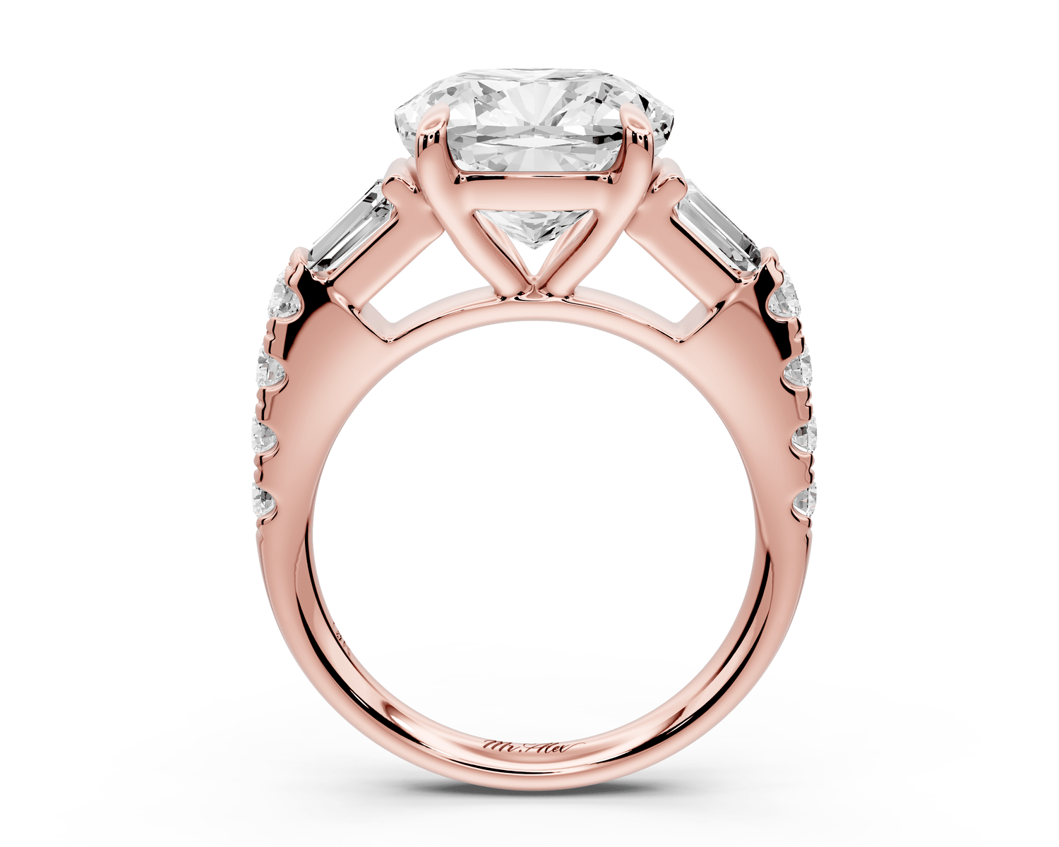 Aria - 5ct 18k rose gold cushion Diamond with tapered baguettes and round accent stones engagement ring - Mr. Alex Jewelry