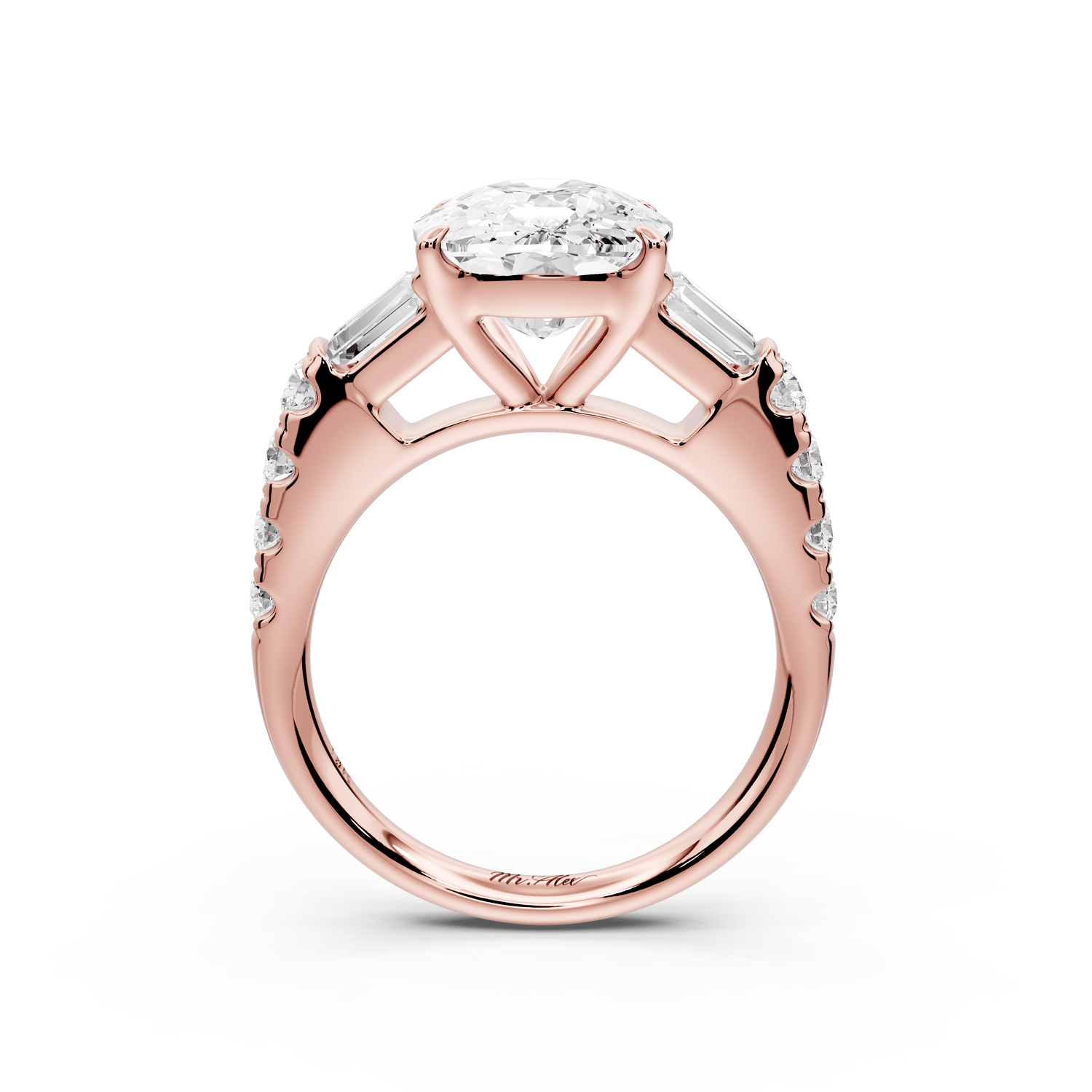 Aria - 5ct 18k rose gold Elongated Cushion Diamond with tapered baguettes and round accent stones engagement ring - Mr. Alex Jewelry