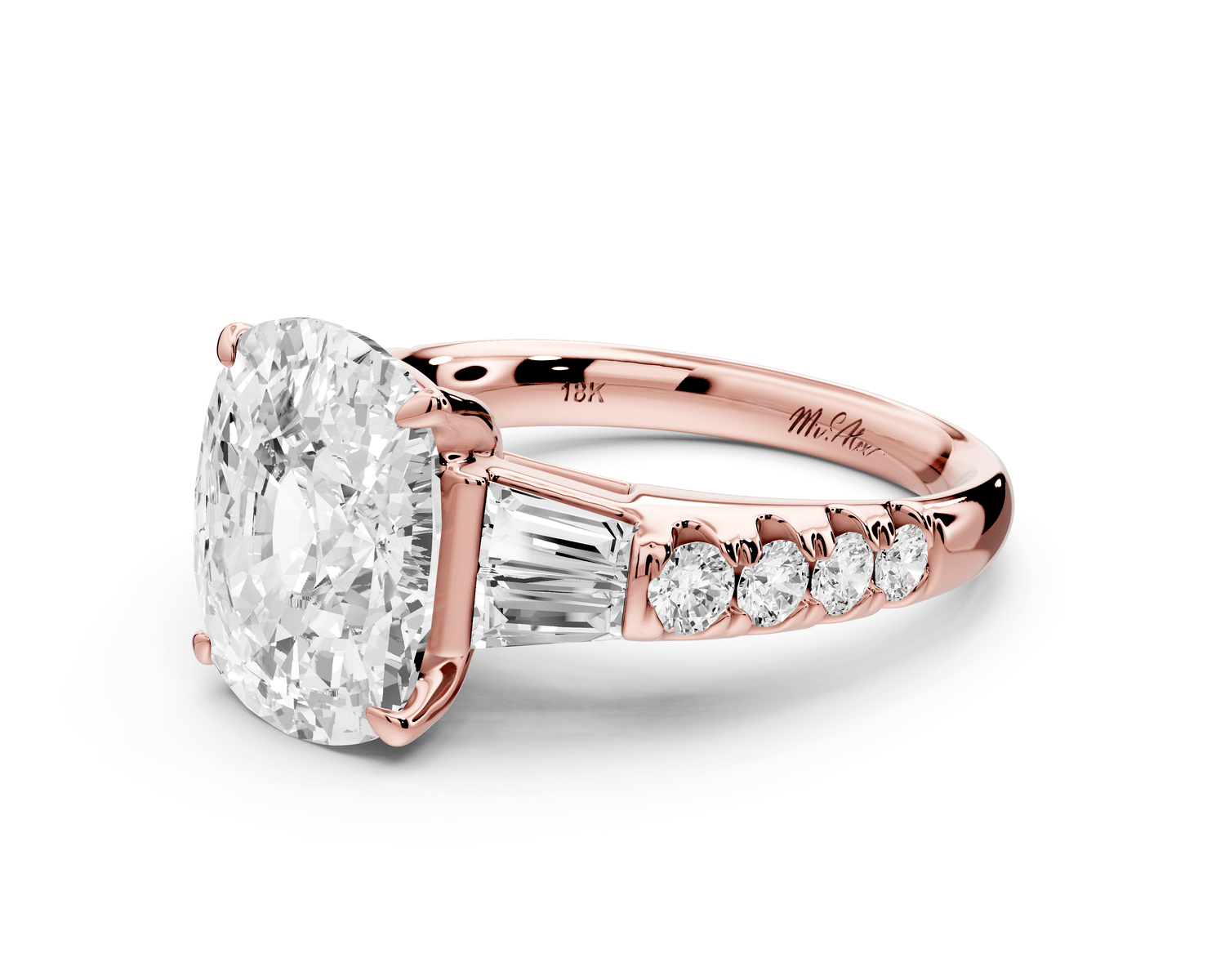 Aria - 5ct 18k rose gold Elongated Cushion Diamond with tapered baguettes and round accent stones engagement ring - Mr. Alex Jewelry